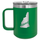 Laser etched green 15 oz vacuum insulated coffee mug with 'New Hampshire Home' design