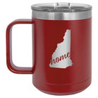 Laser etched maroon 15 oz vacuum insulated coffee mug with 'New Hampshire Home' design