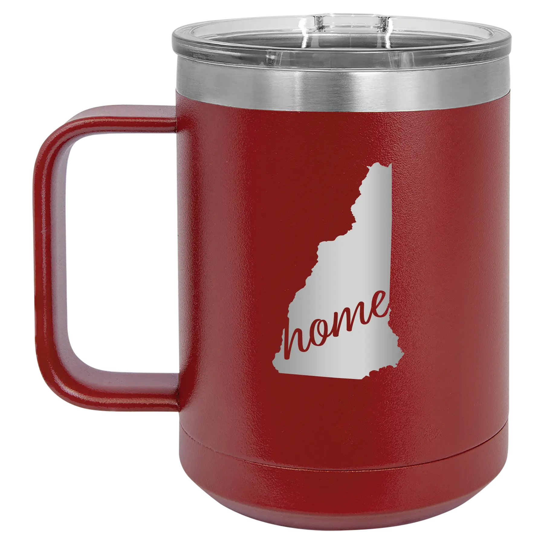 Laser etched maroon 15 oz vacuum insulated coffee mug with 'New Hampshire Home' design