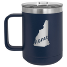 Laser etched navy 15 oz vacuum insulated coffee mug with 'New Hampshire Home' design