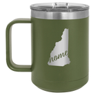 Laser etched olive green 15 oz vacuum insulated coffee mug with 'New Hampshire Home' design