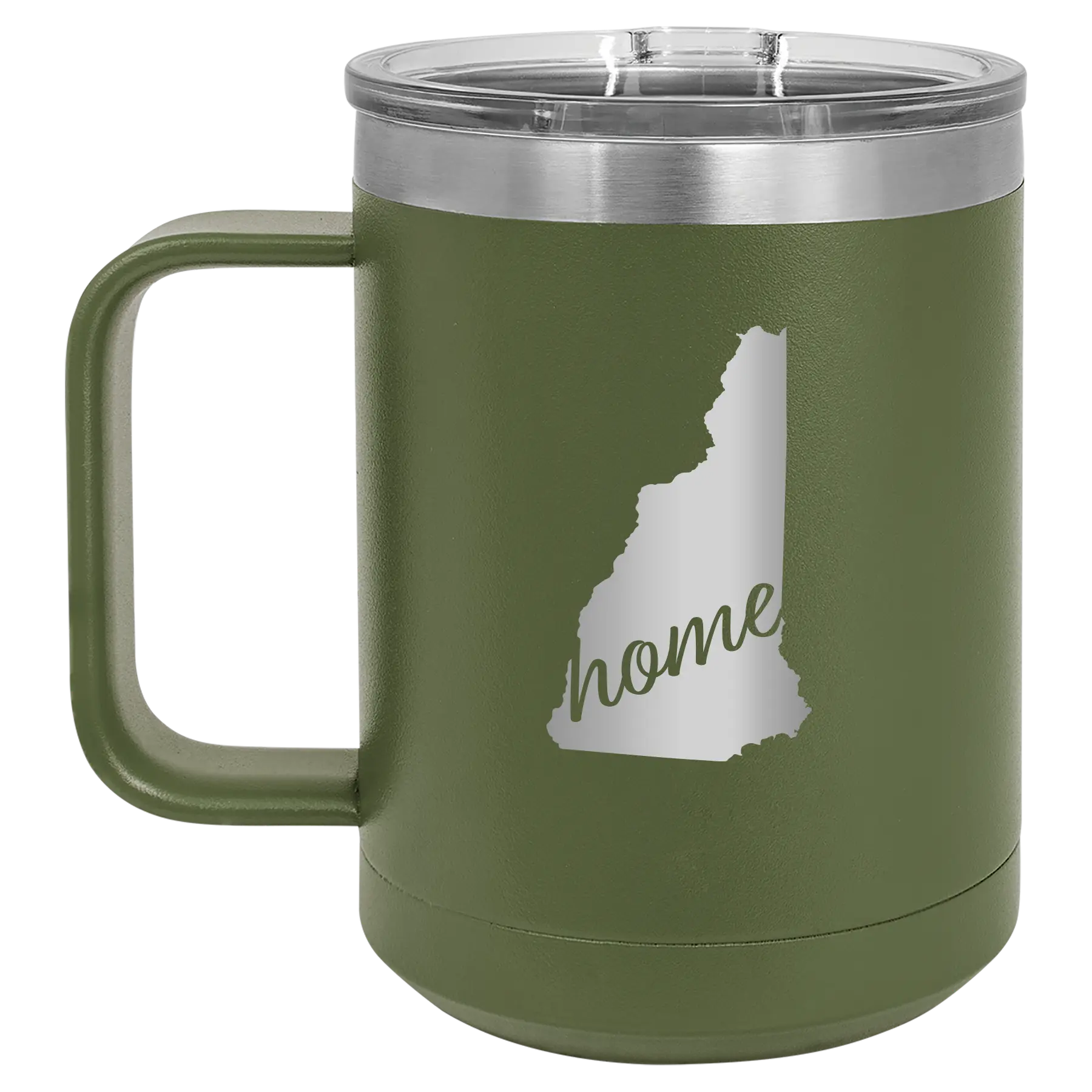 Laser etched olive green 15 oz vacuum insulated coffee mug with 'New Hampshire Home' design