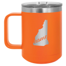 Laser etched orange 15 oz vacuum insulated coffee mug with 'New Hampshire Home' design
