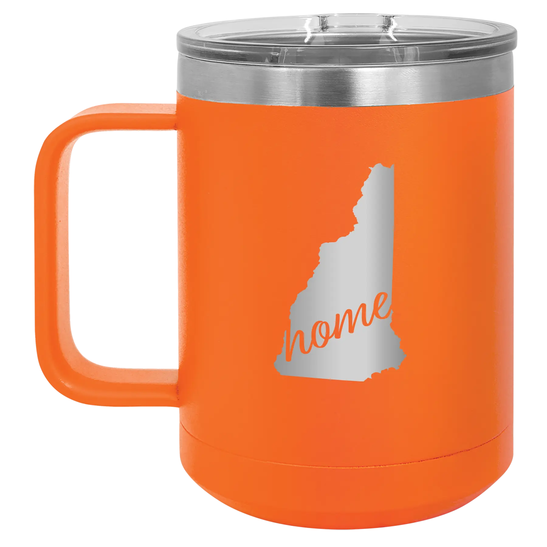 Laser etched orange 15 oz vacuum insulated coffee mug with 'New Hampshire Home' design