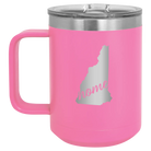 Laser etched pink 15 oz vacuum insulated coffee mug with 'New Hampshire Home' design
