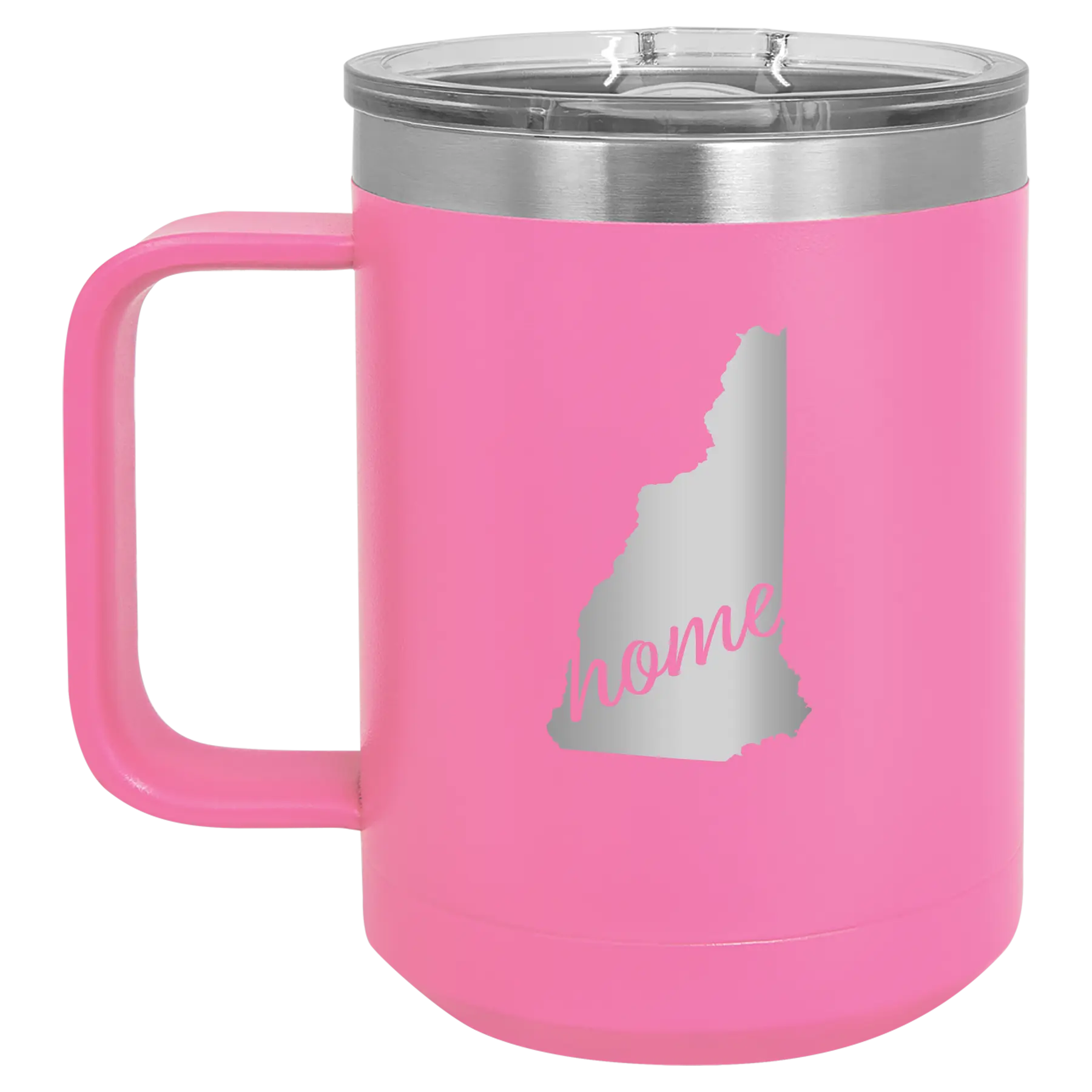 Laser etched pink 15 oz vacuum insulated coffee mug with 'New Hampshire Home' design