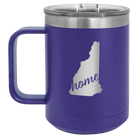 Laser etched purple 15 oz vacuum insulated coffee mug with 'New Hampshire Home' design