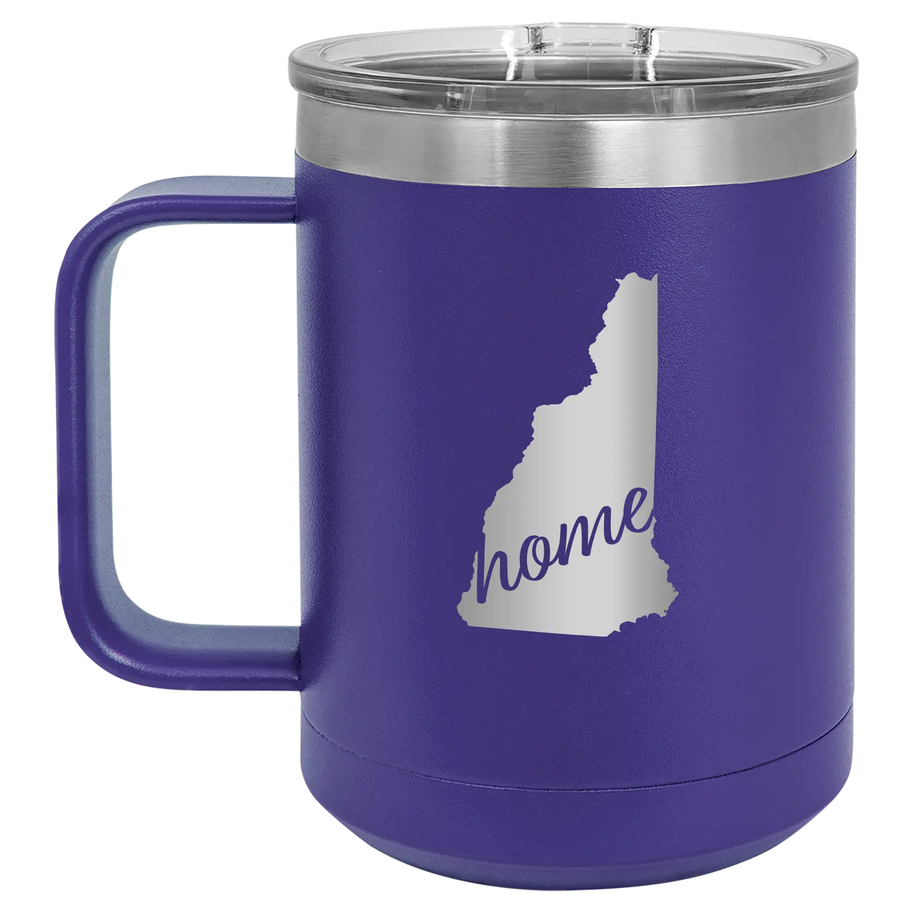 Laser etched purple 15 oz vacuum insulated coffee mug with 'New Hampshire Home' design