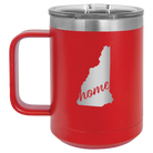 Laser etched red 15 oz vacuum insulated coffee mug with 'New Hampshire Home' design