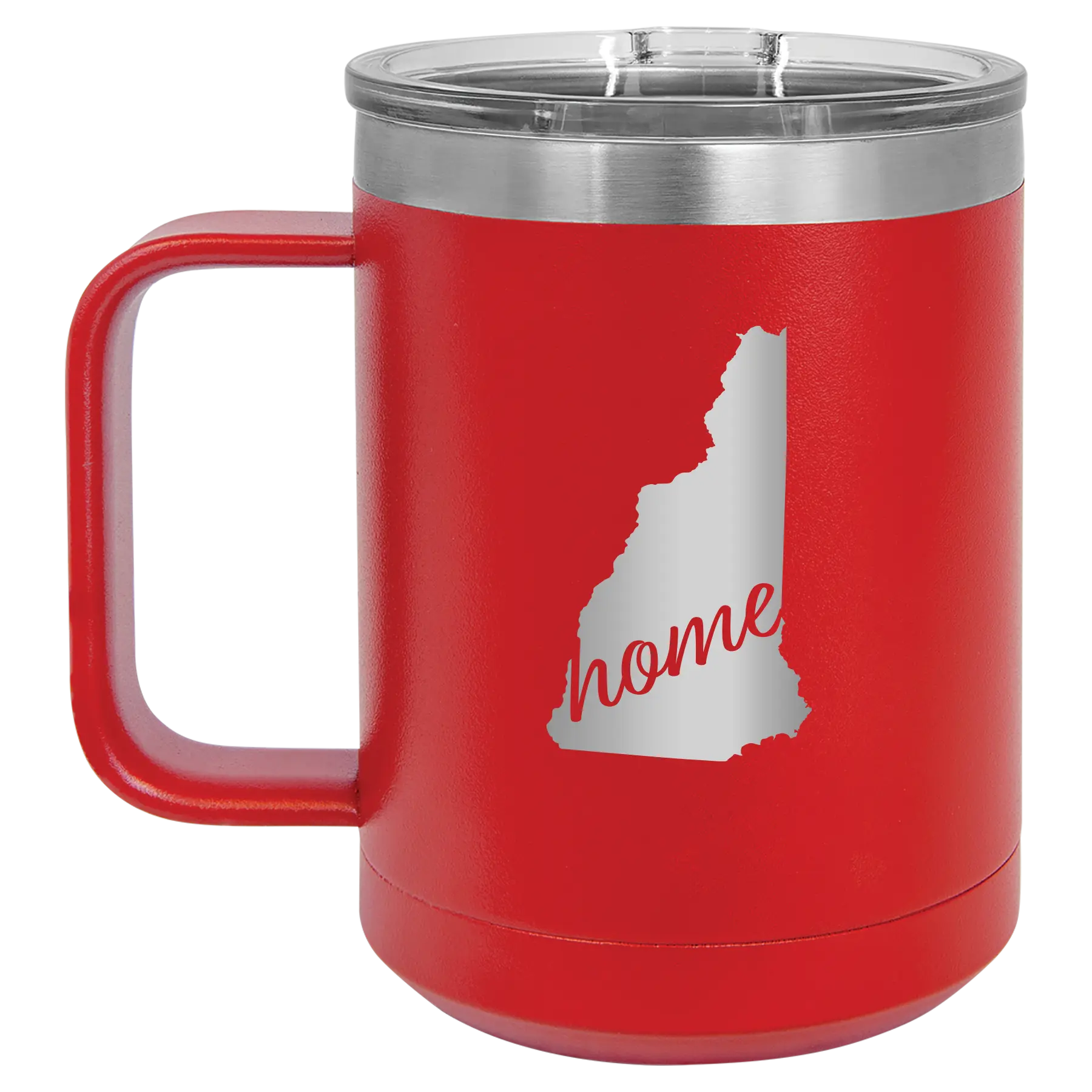 Laser etched red 15 oz vacuum insulated coffee mug with 'New Hampshire Home' design