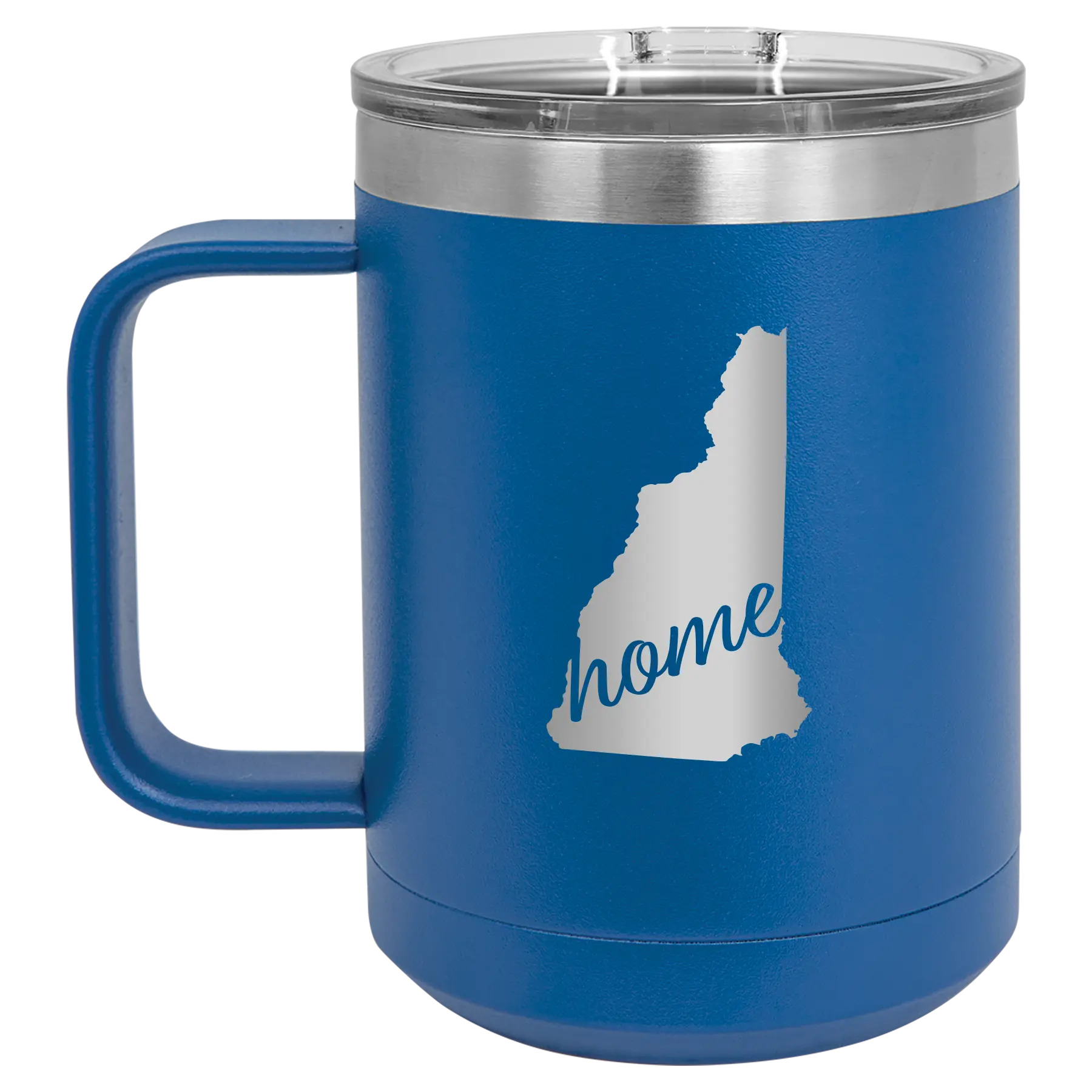Laser etched royal blue 15 oz vacuum insulated coffee mug with 'New Hampshire Home' design