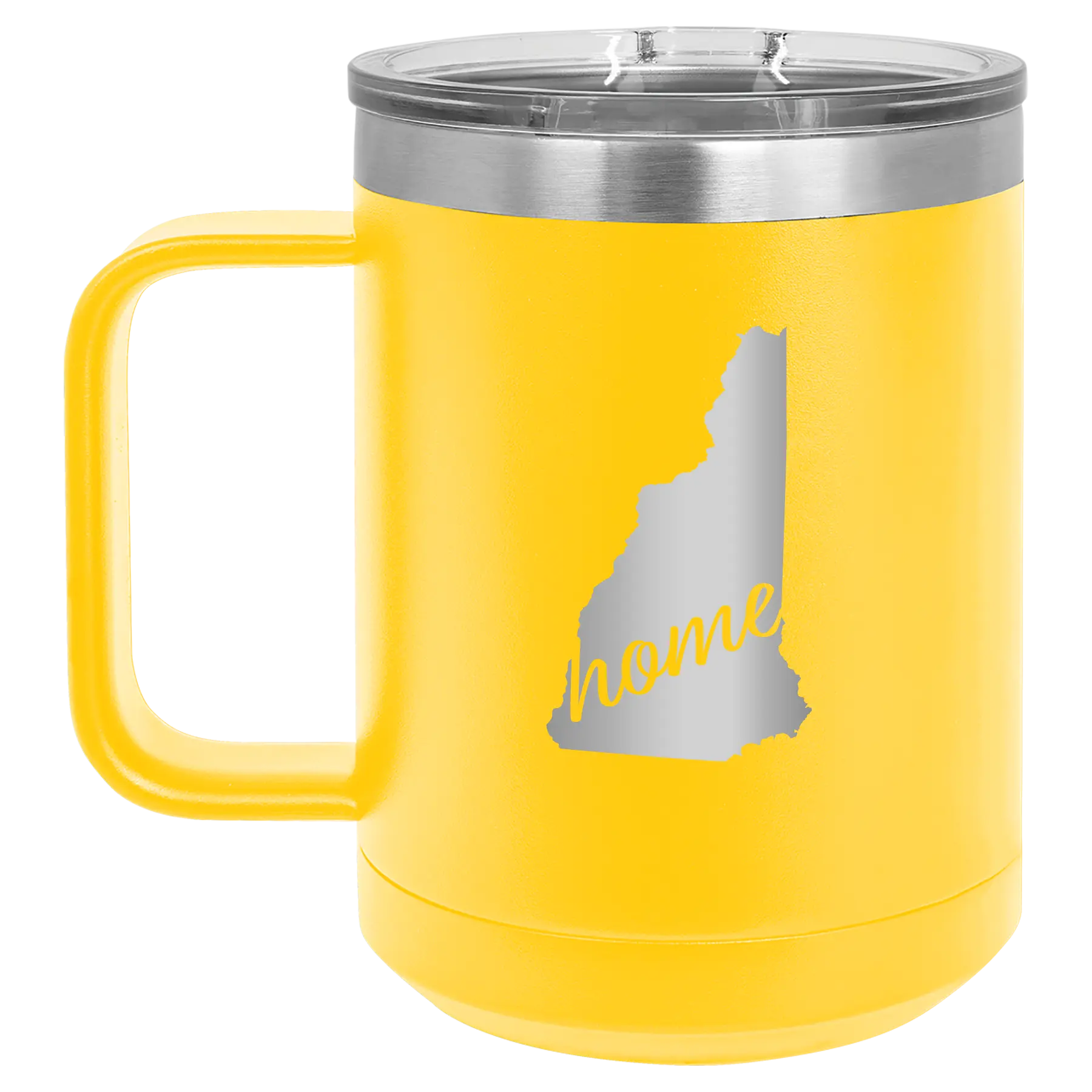 Laser etched yellow 15 oz vacuum insulated coffee mug with 'New Hampshire Home' design