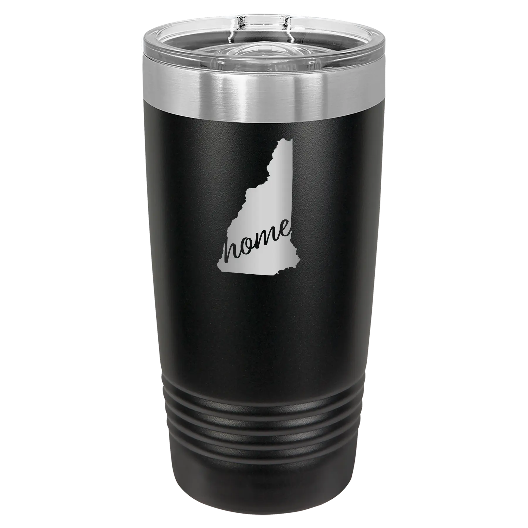 Laser etched black 20 oz vacuum insulated tumbler with 'New Hampshire Home' design