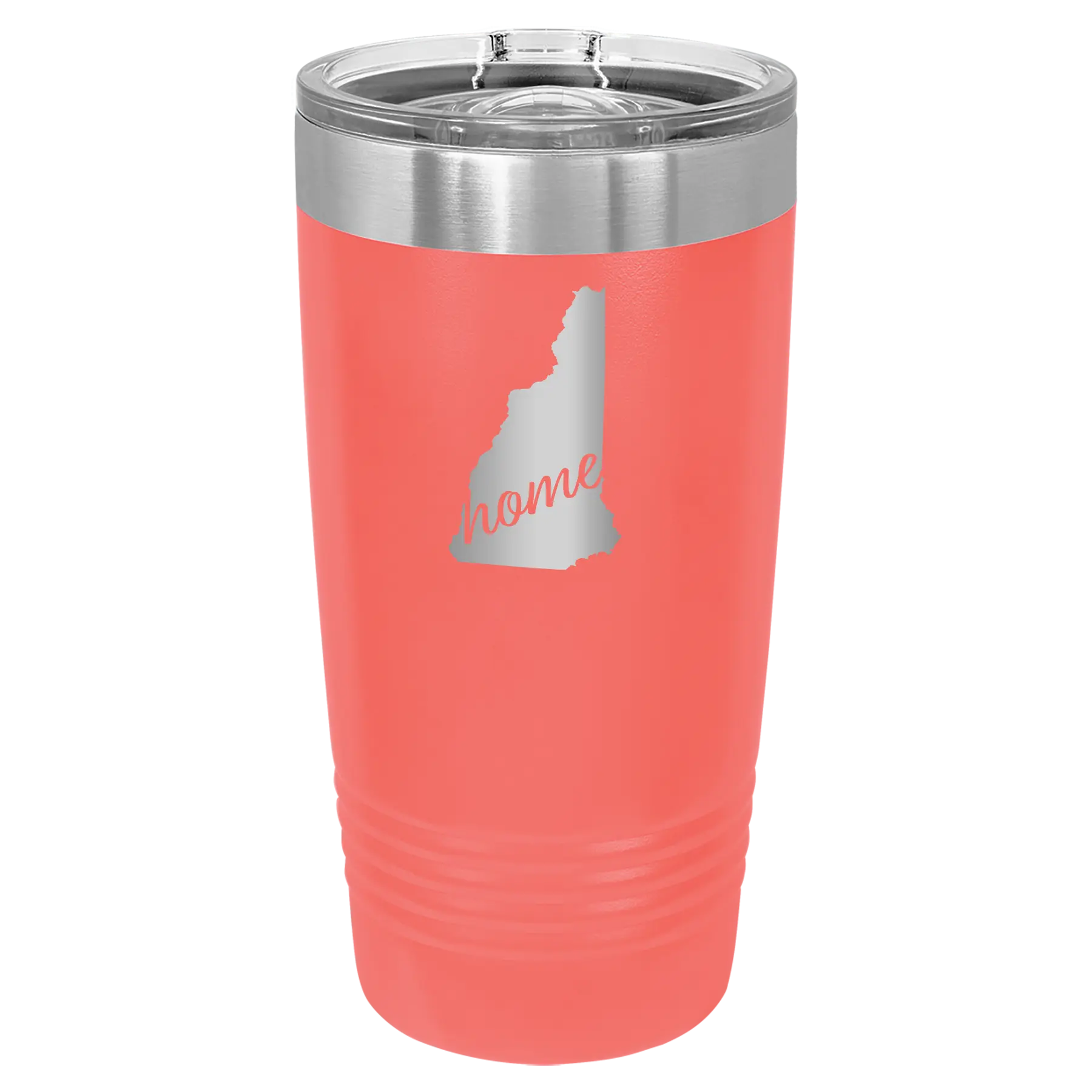 Laser etched coral 20 oz vacuum insulated tumbler with 'New Hampshire Home' design