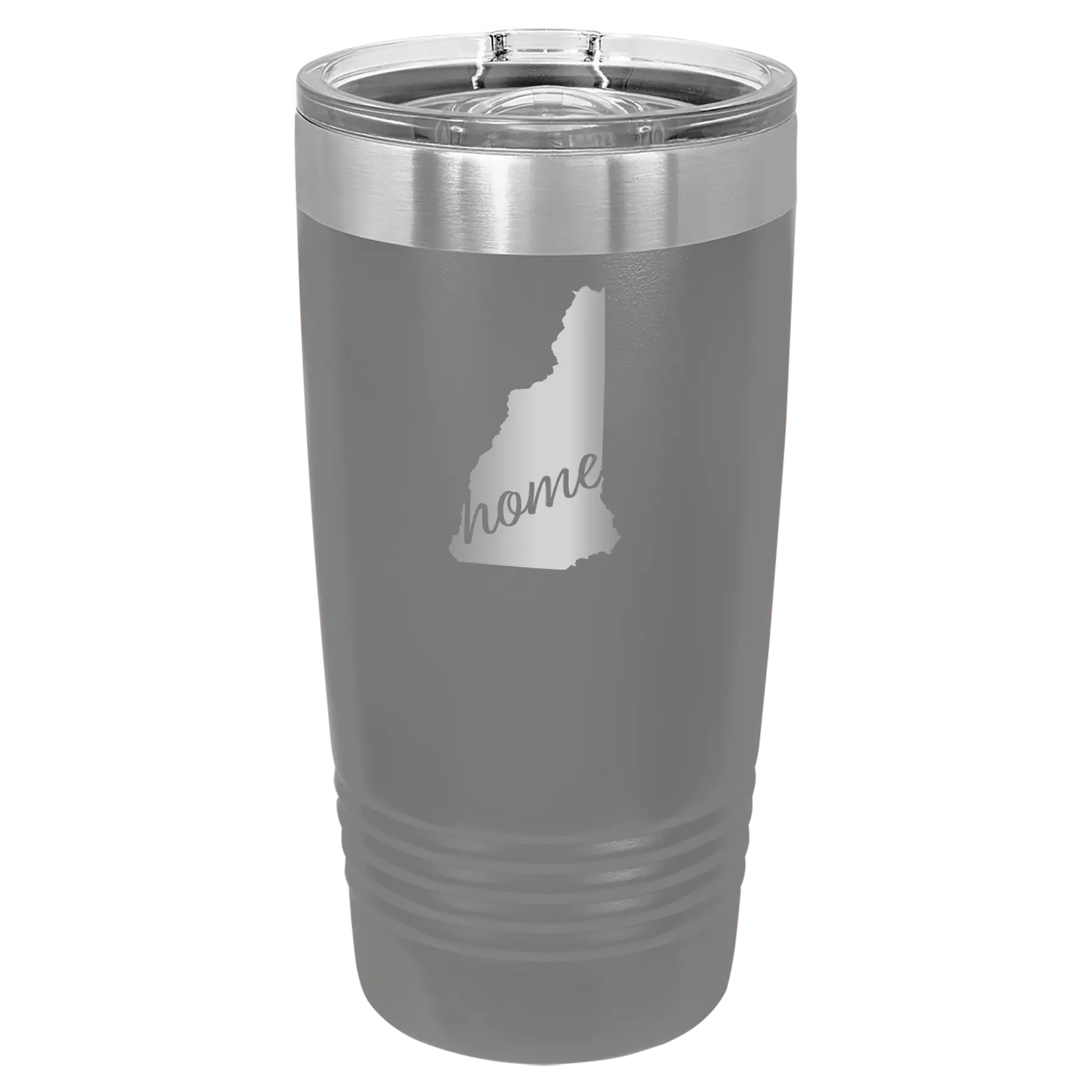 Laser etched dark gray 20 oz vacuum insulated tumbler with 'New Hampshire Home' design