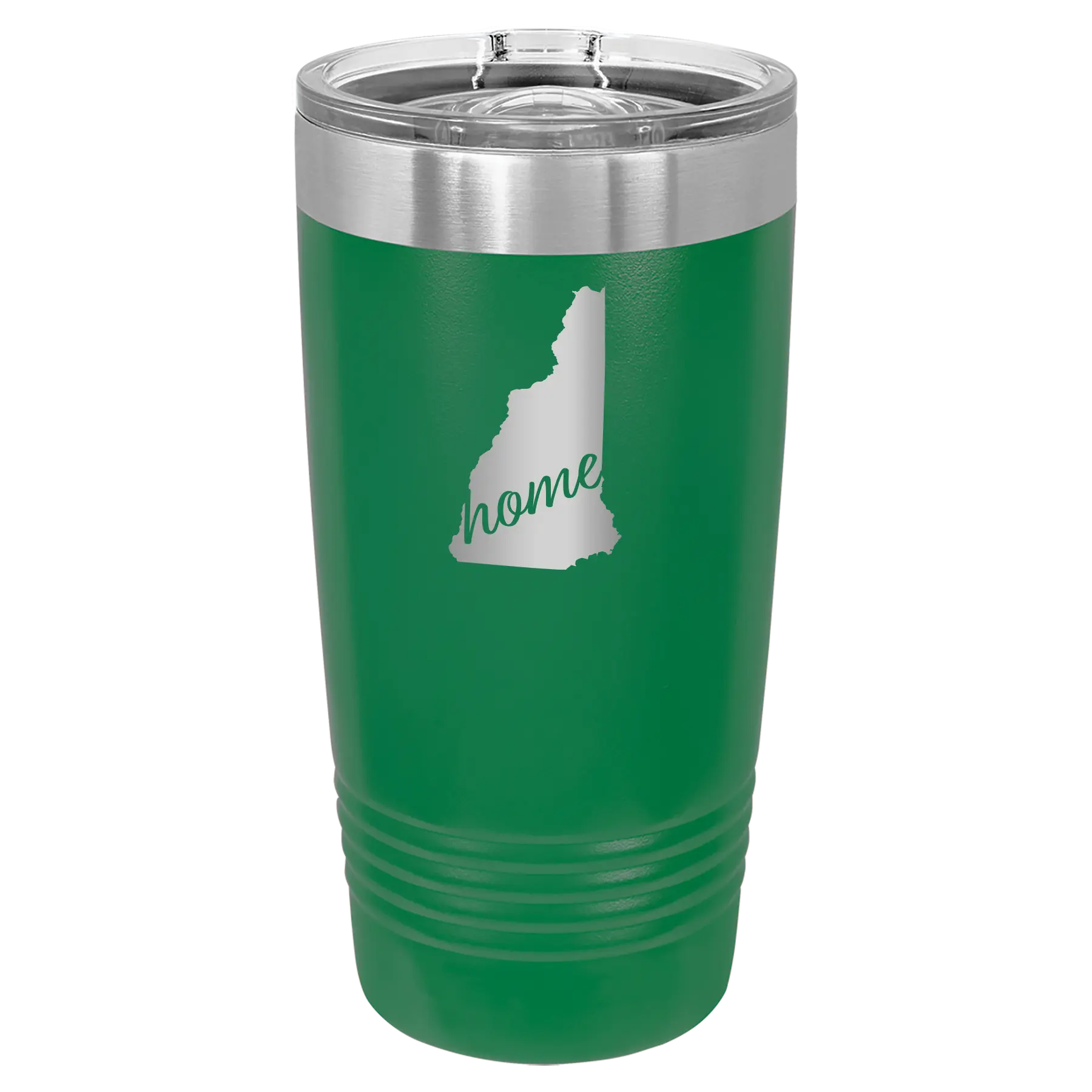 Laser etched green 20 oz vacuum insulated tumbler with 'New Hampshire Home' design