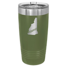 Laser etched olive green 20 oz vacuum insulated tumbler with 'New Hampshire Home' design