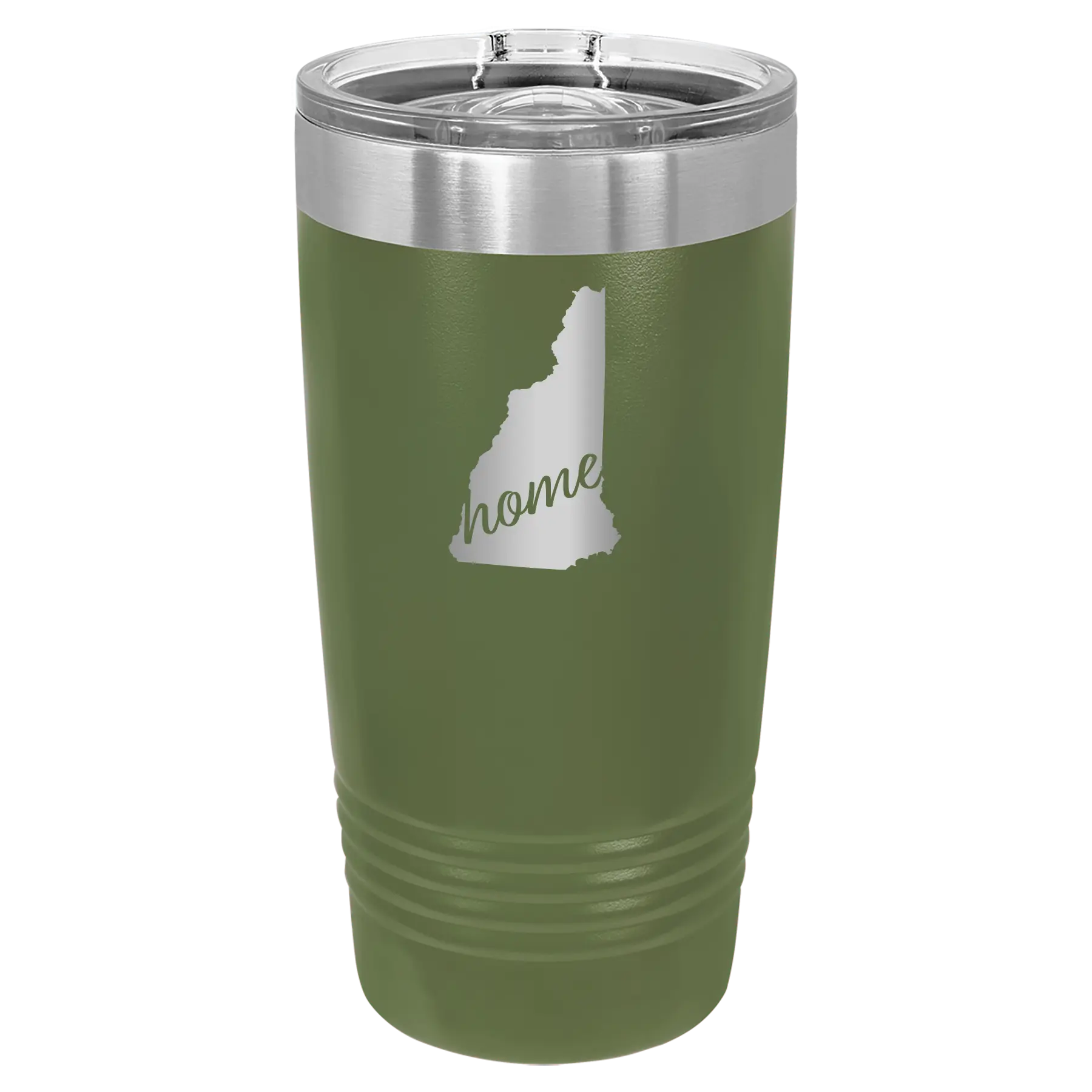 Laser etched olive green 20 oz vacuum insulated tumbler with 'New Hampshire Home' design