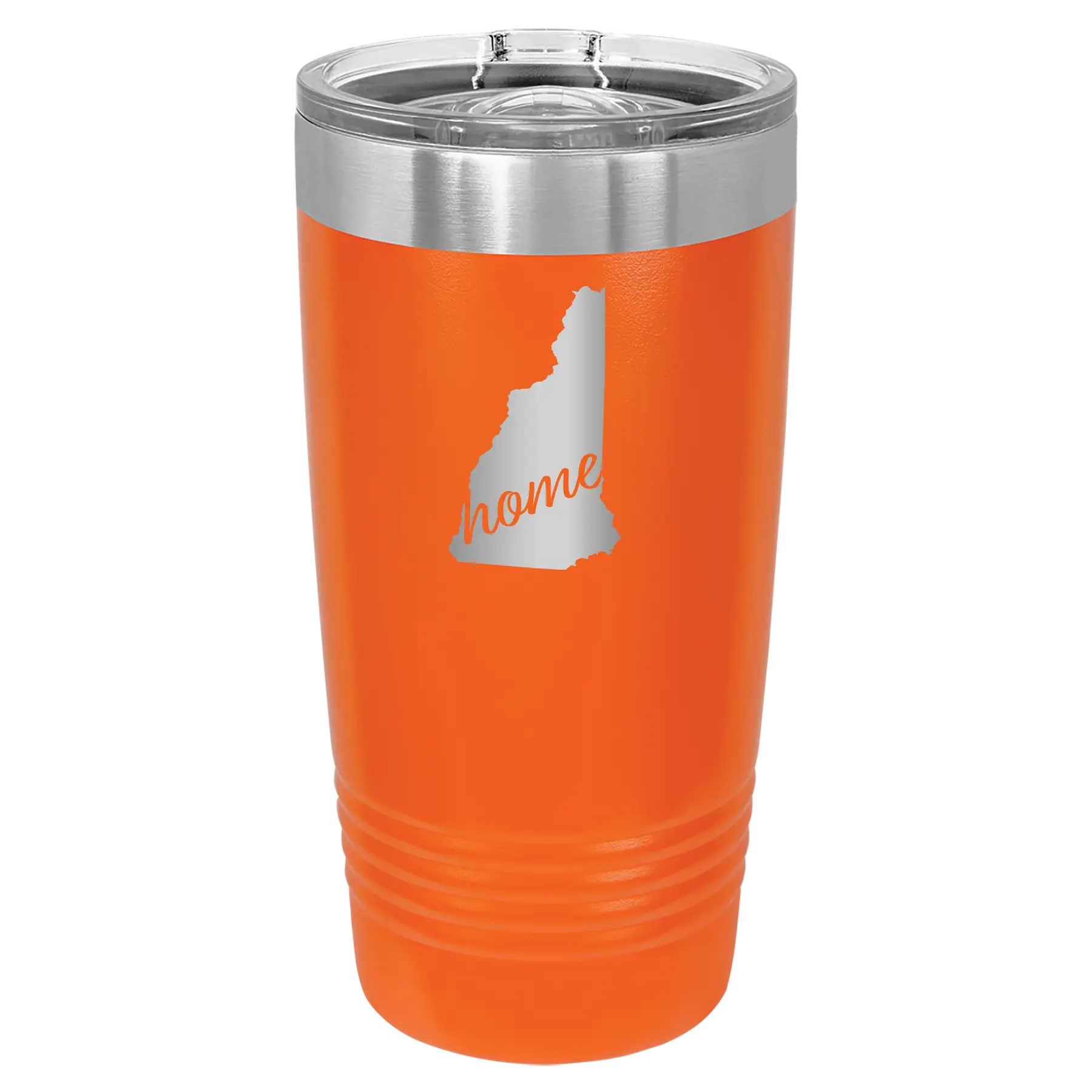 Laser etched orange 20 oz vacuum insulated tumbler with 'New Hampshire Home' design