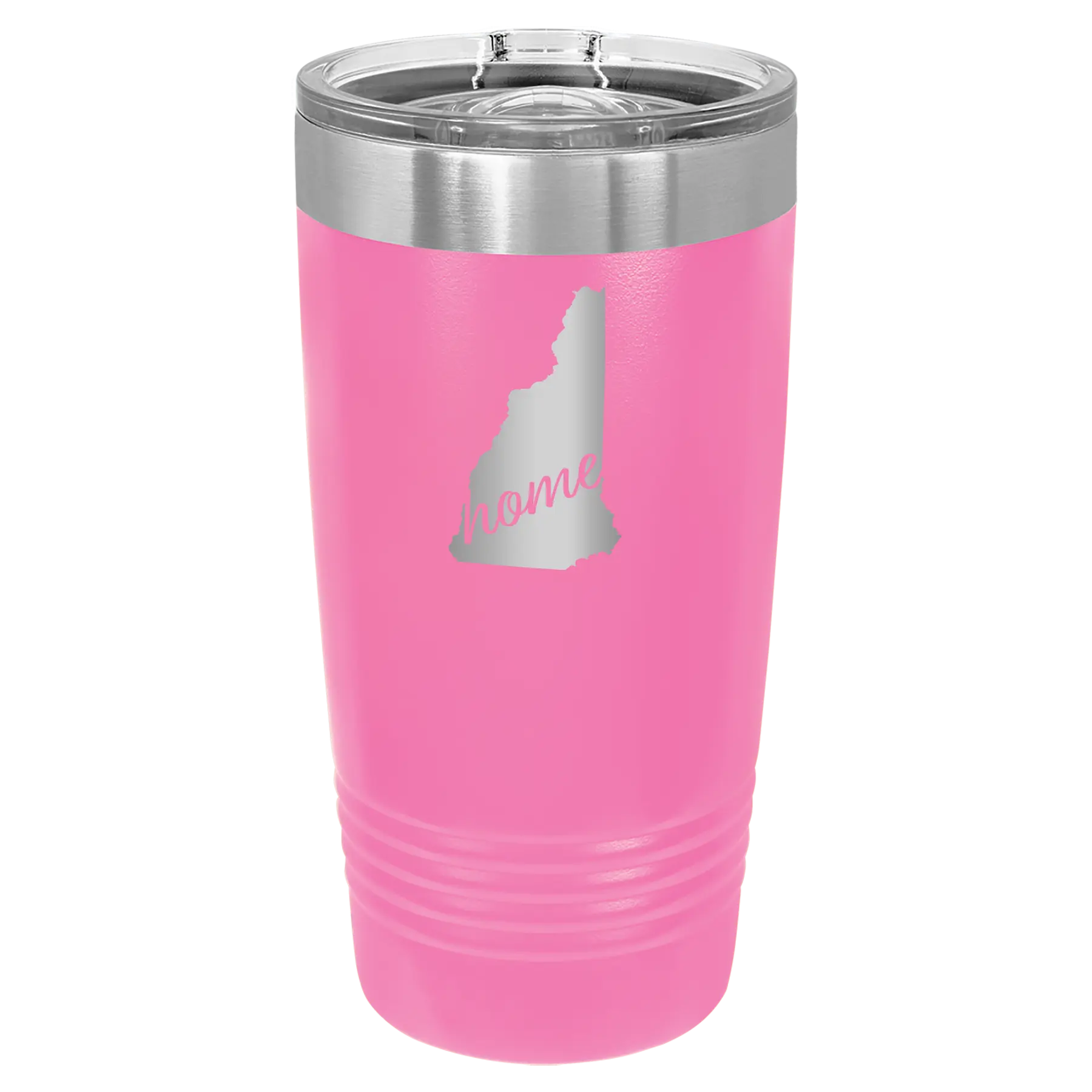 Laser etched pink 20 oz vacuum insulated tumbler with 'New Hampshire Home' design