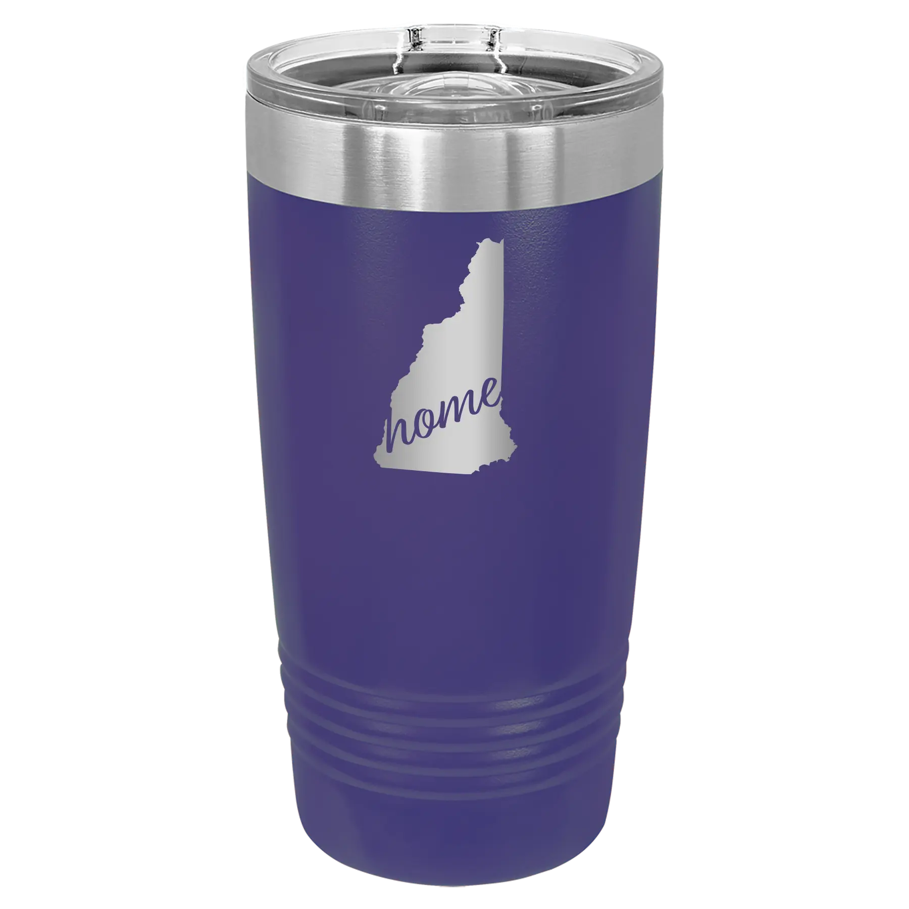Laser etched purple 20 oz vacuum insulated tumbler with 'New Hampshire Home' design