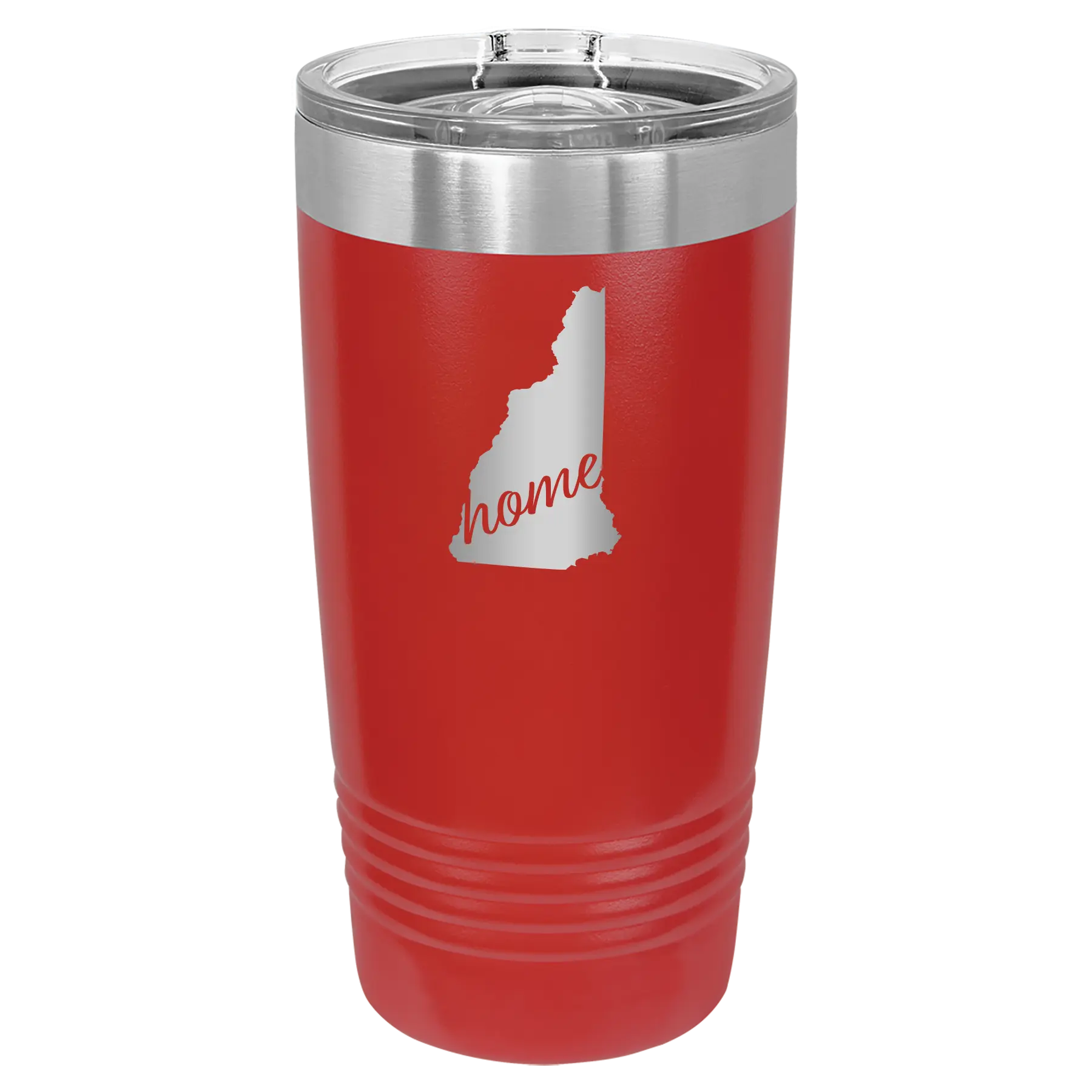 Laser etched red 20 oz vacuum insulated tumbler with 'New Hampshire Home' design