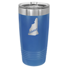 Laser etched royal blue 20 oz vacuum insulated tumbler with 'New Hampshire Home' design