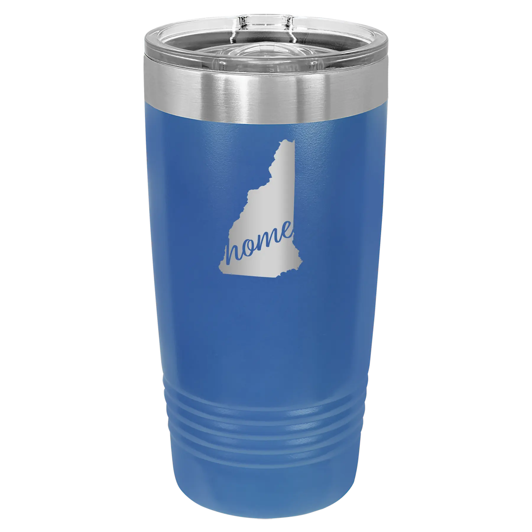 Laser etched royal blue 20 oz vacuum insulated tumbler with 'New Hampshire Home' design