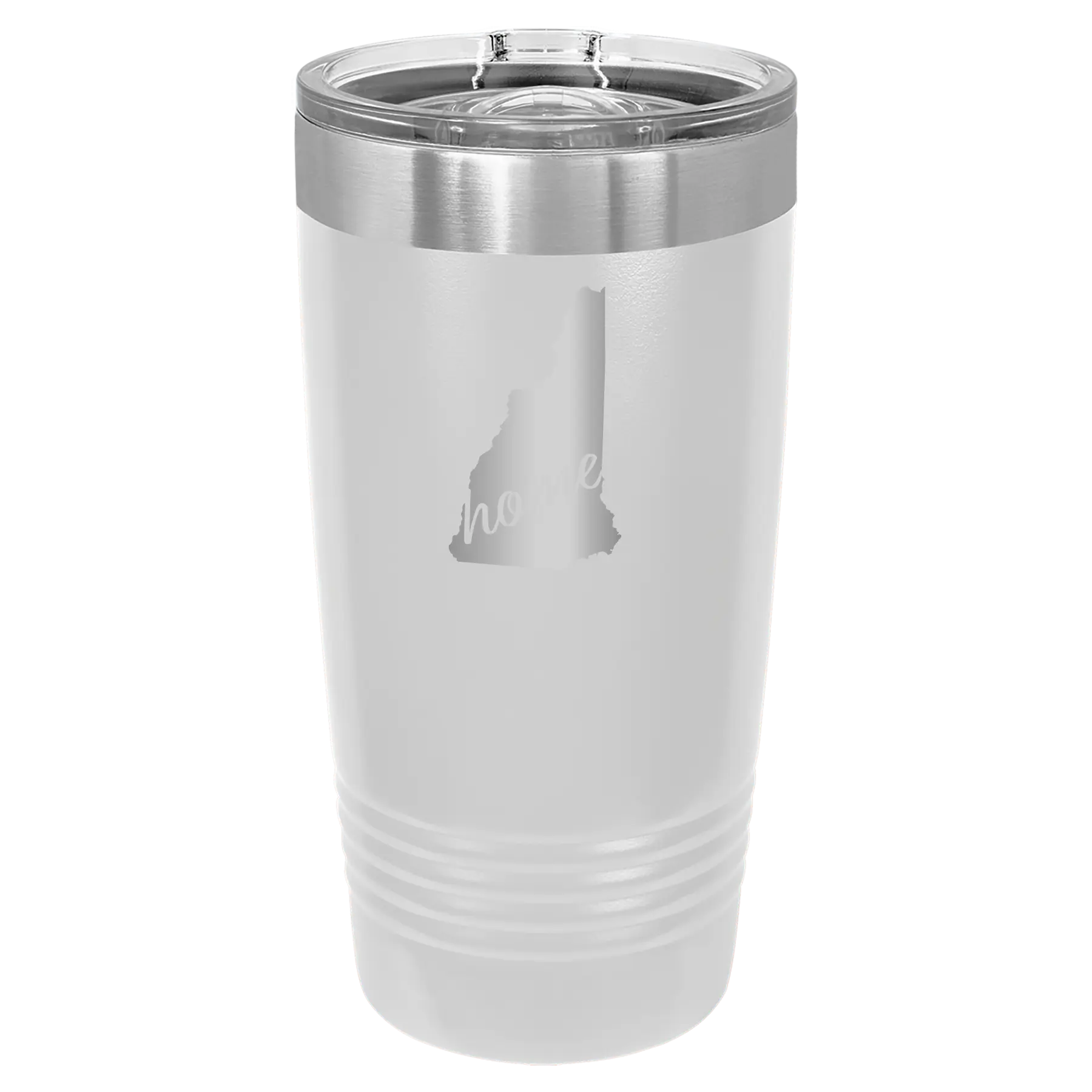Laser etched white 20 oz vacuum insulated tumbler with 'New Hampshire Home' design