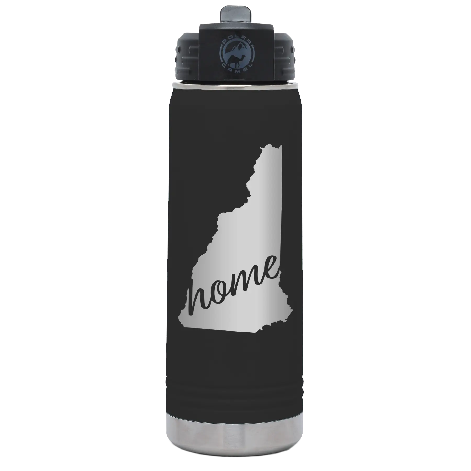 Laser etched black 20 oz vacuum insulated water bottle with 'New Hampshire Home' design