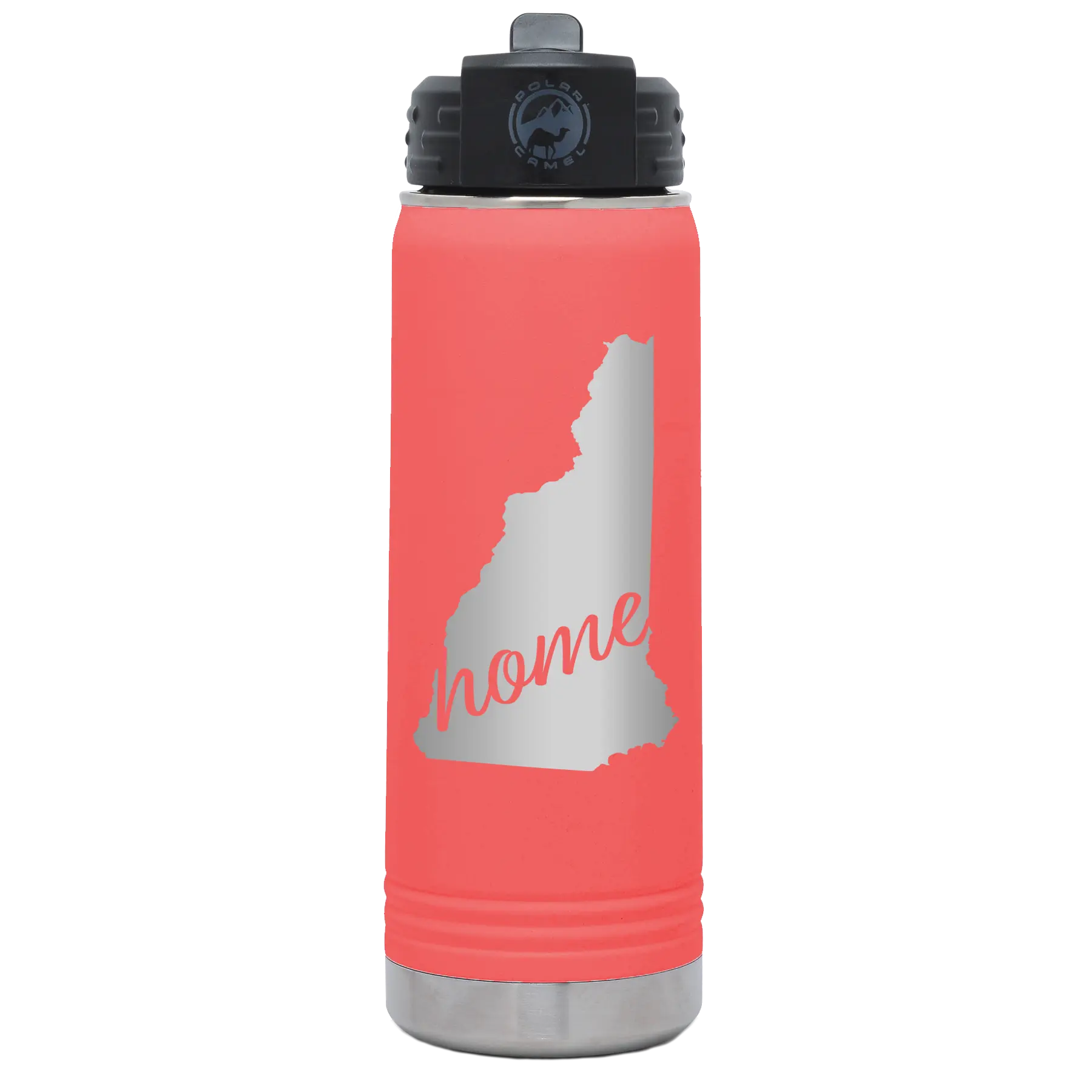 Laser etched coral 20 oz vacuum insulated water bottle with 'New Hampshire Home' design