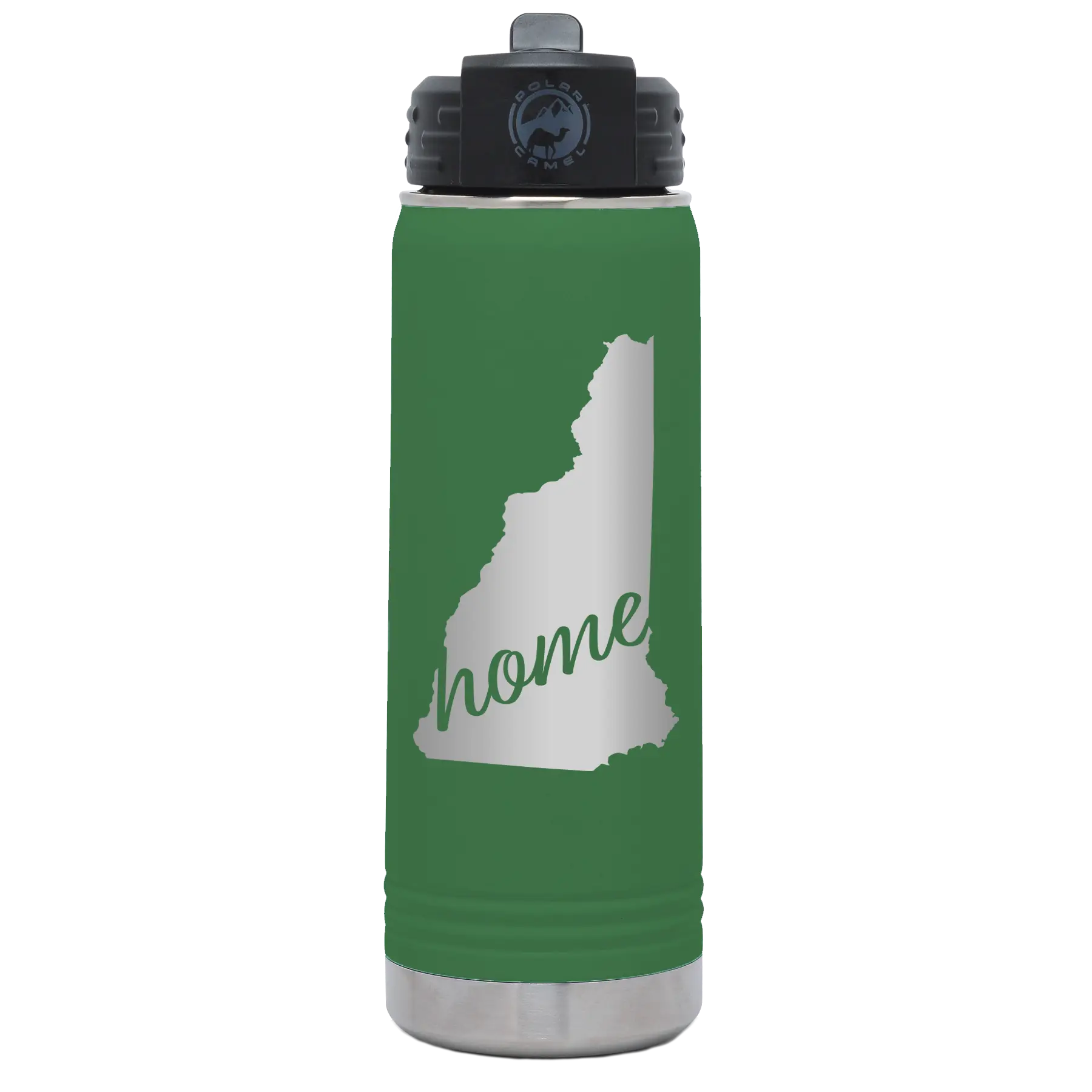 Laser etched green 20 oz vacuum insulated water bottle with 'New Hampshire Home' design