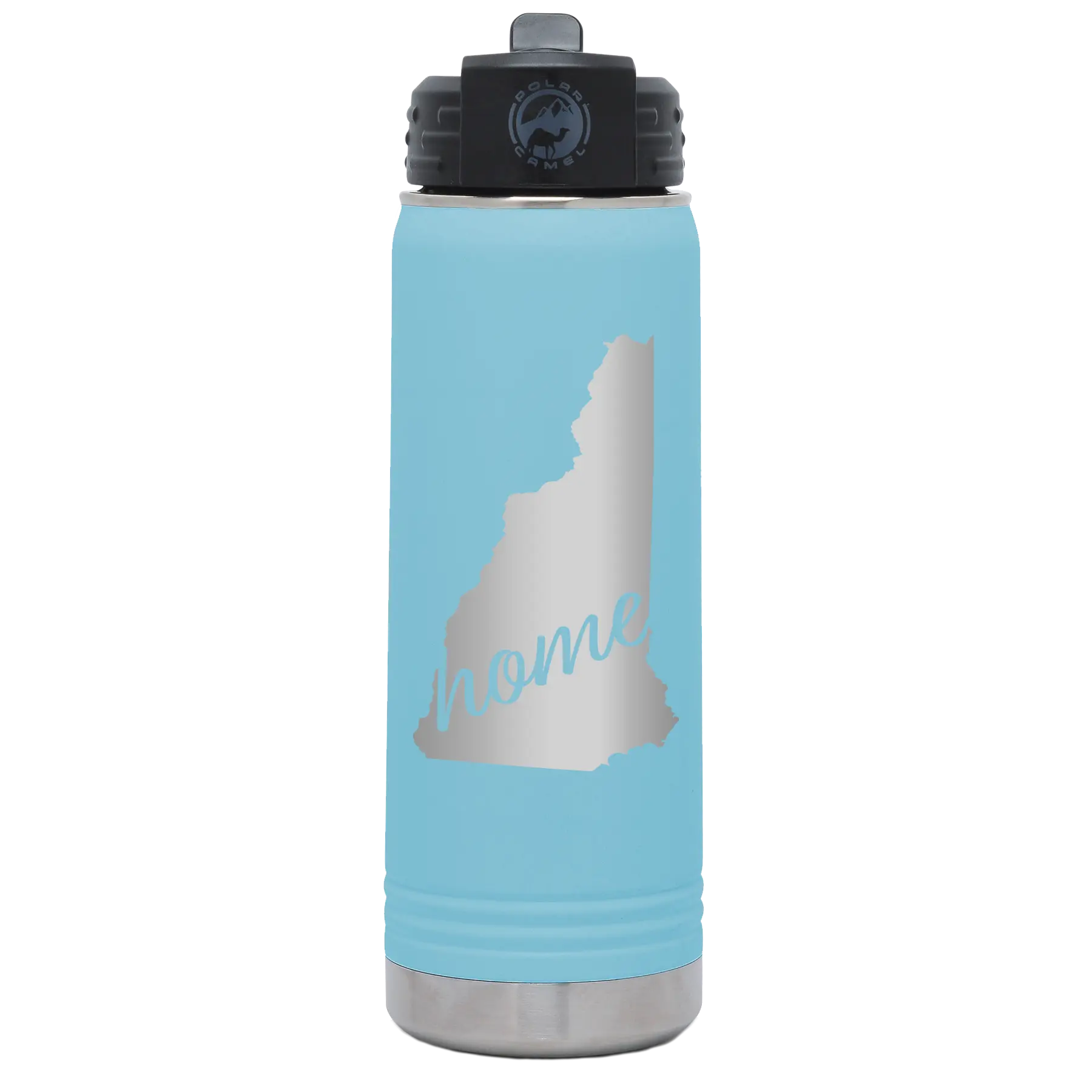 Laser etched light blue 20 oz vacuum insulated water bottle with 'New Hampshire Home' design