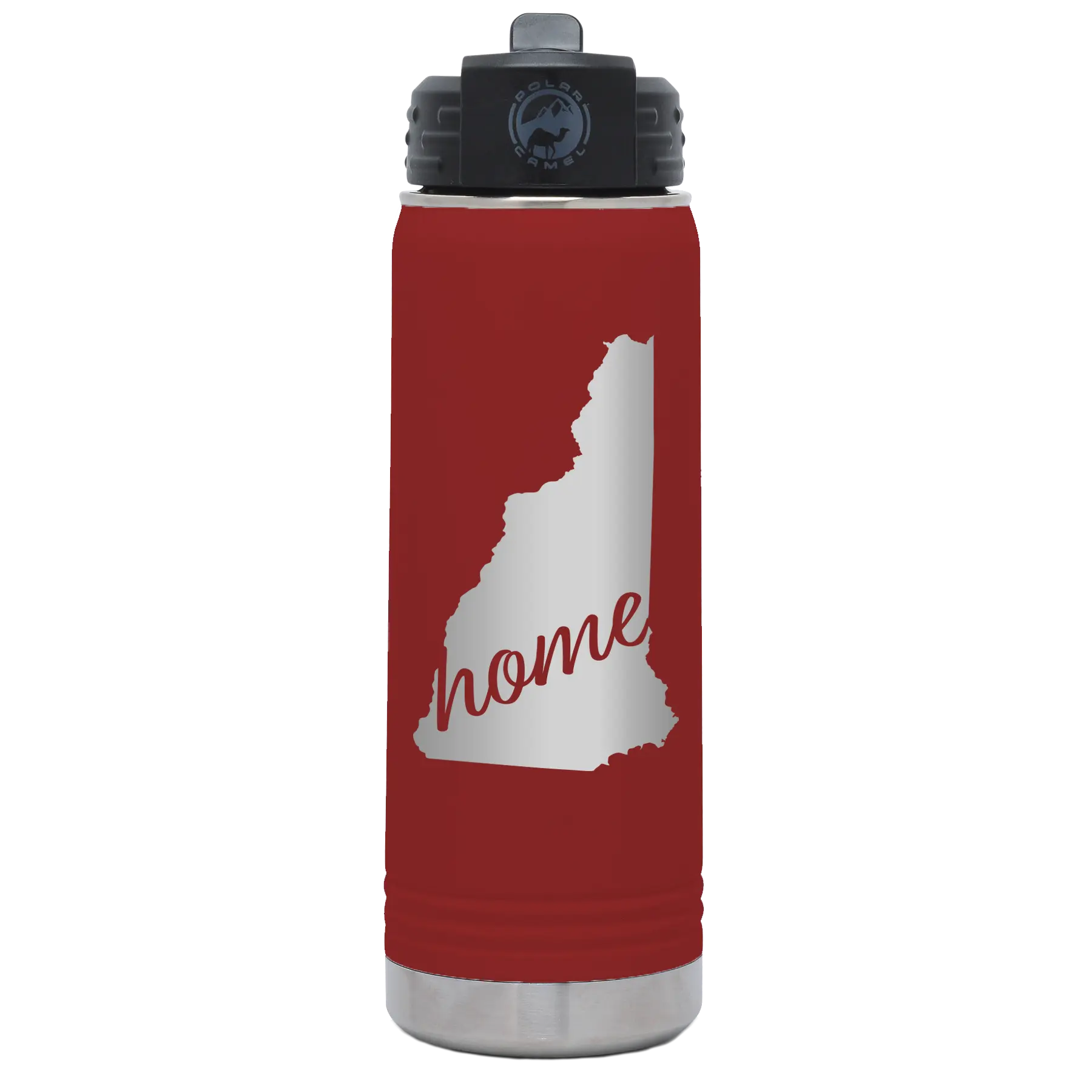 Laser etched maroon 20 oz vacuum insulated water bottle with 'New Hampshire Home' design