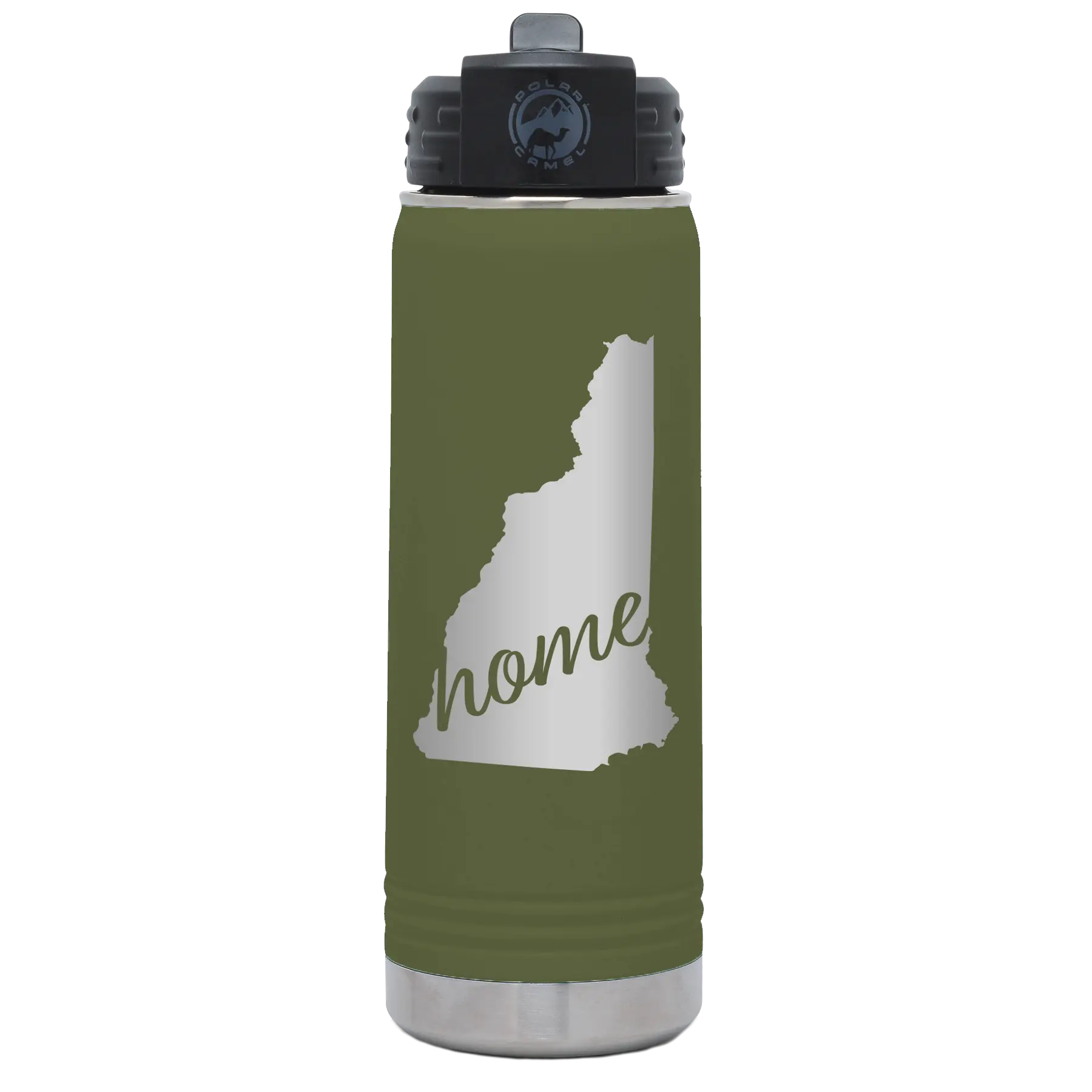 Laser etched olive green 20 oz vacuum insulated water bottle with 'New Hampshire Home' design