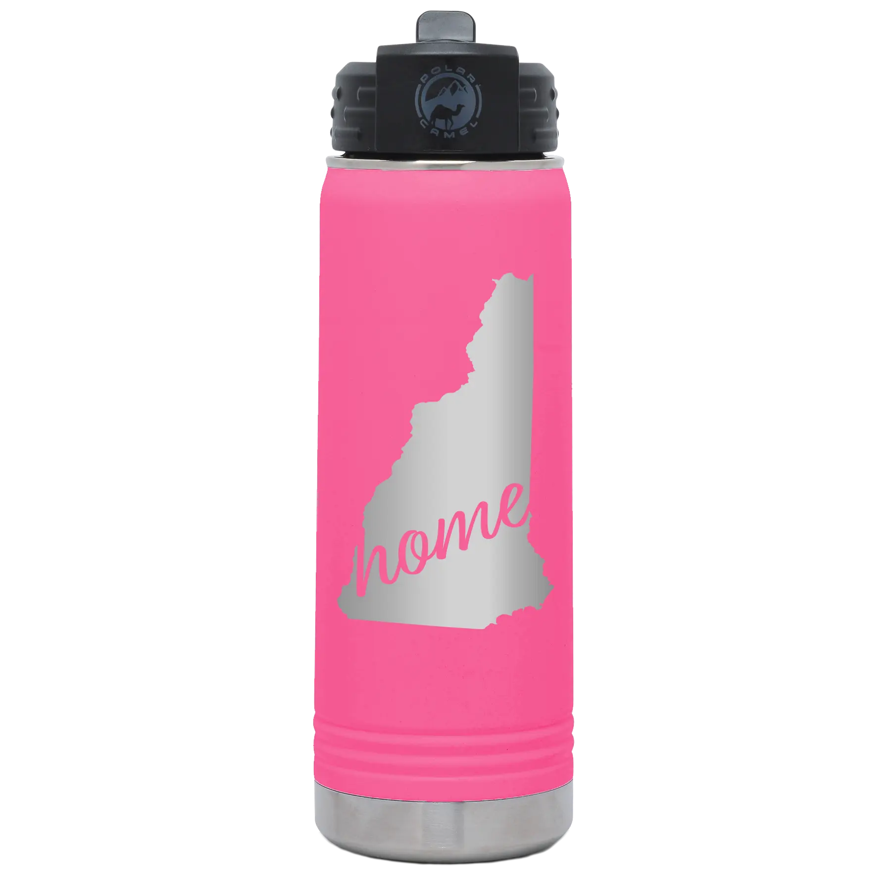 Laser etched pink 20 oz vacuum insulated water bottle with 'New Hampshire Home' design