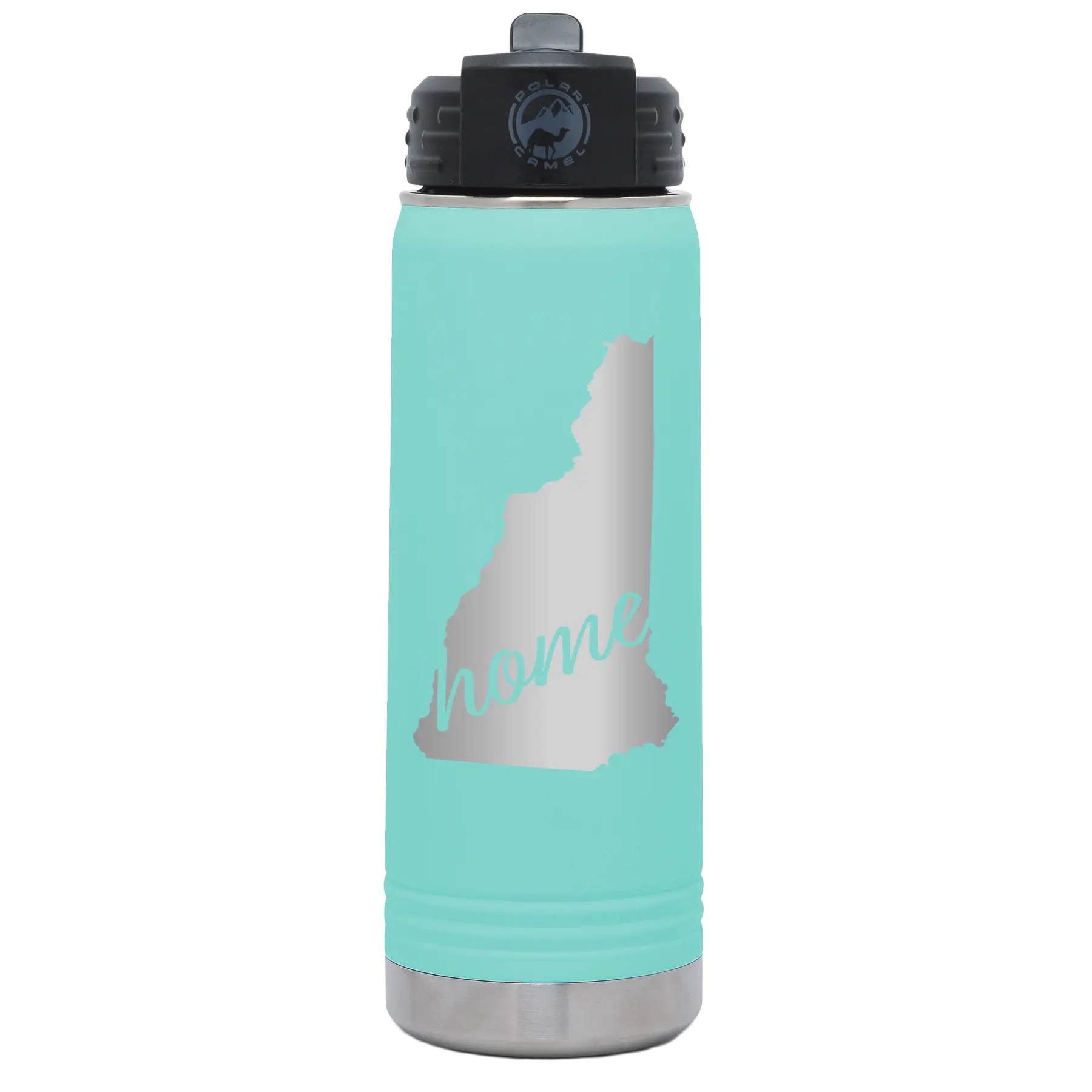 Laser etched teal 20 oz vacuum insulated water bottle with 'New Hampshire Home' design