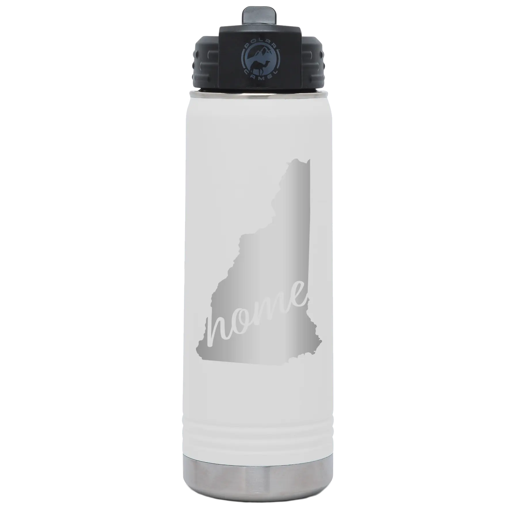 Laser etched white 20 oz vacuum insulated water bottle with 'New Hampshire Home' design
