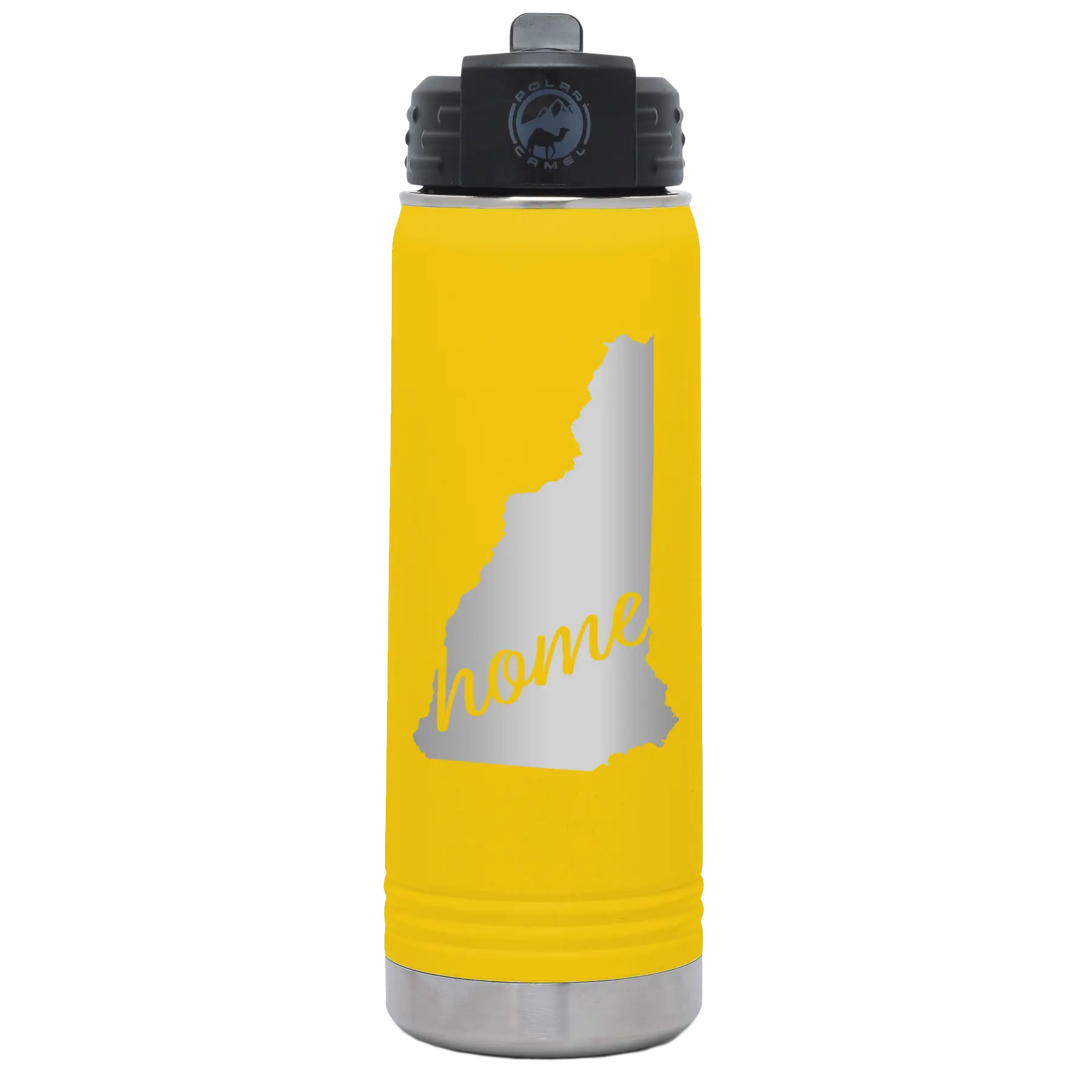 Laser etched yellow 20 oz vacuum insulated water bottle with 'New Hampshire Home' design