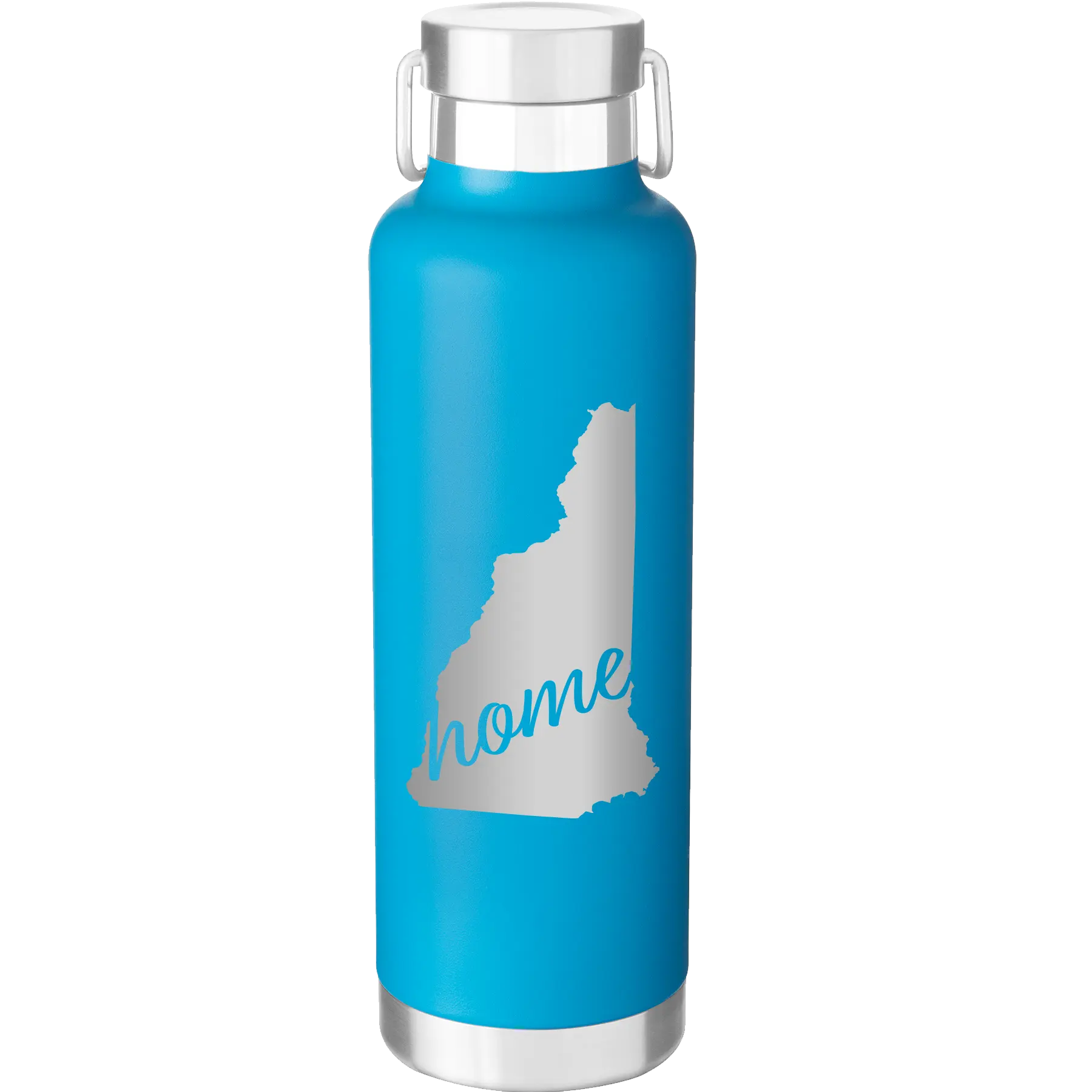 Laser etched aqua 24 oz vacuum insulated water bottle with 'New Hampshire Home' design