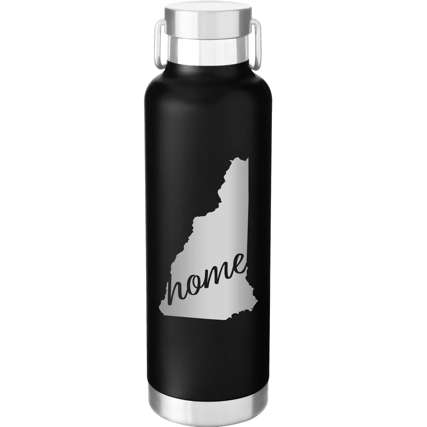 Laser etched black 24 oz vacuum insulated water bottle with 'New Hampshire Home' design