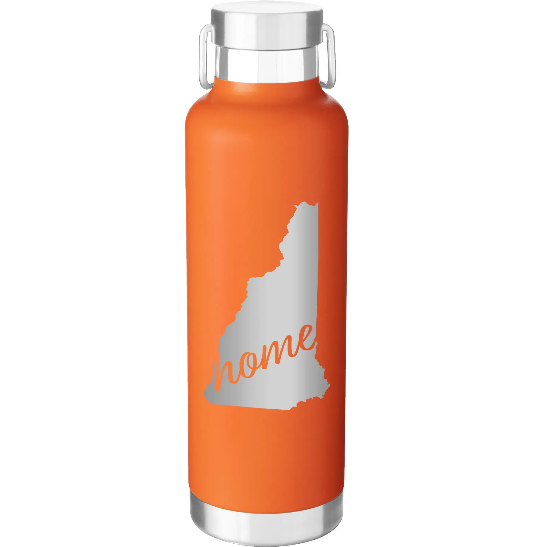 Laser etched orange 24 oz vacuum insulated water bottle with 'New Hampshire Home' design