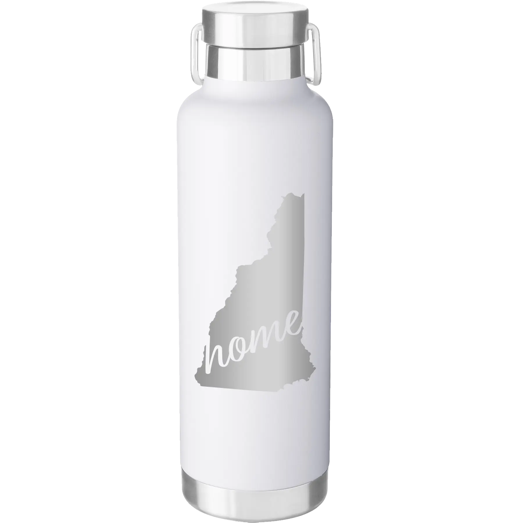 Laser etched white 24 oz vacuum insulated water bottle with 'New Hampshire Home' design