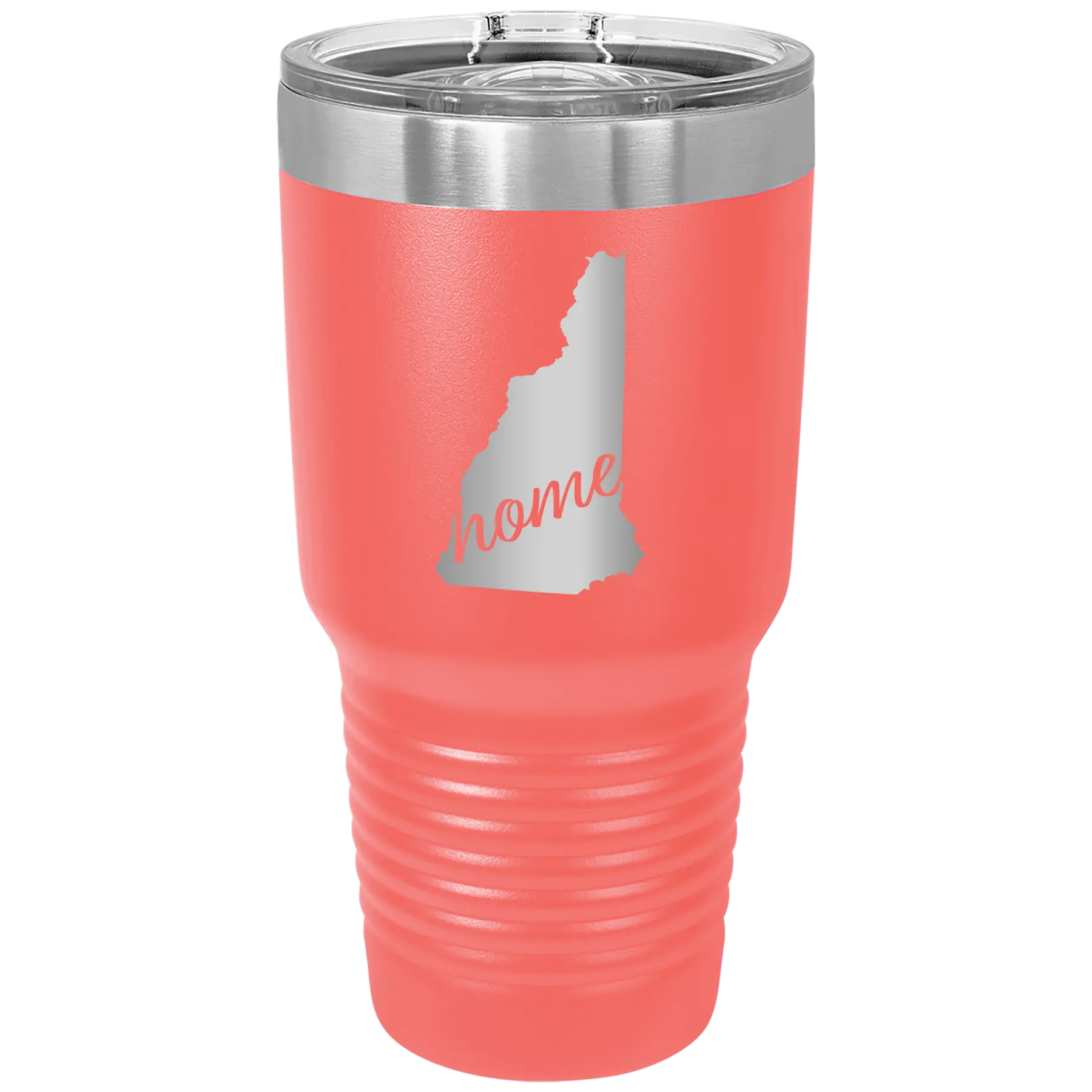 Laser etched coral 30 oz vacuum insulated tumbler with 'New Hampshire Home' design