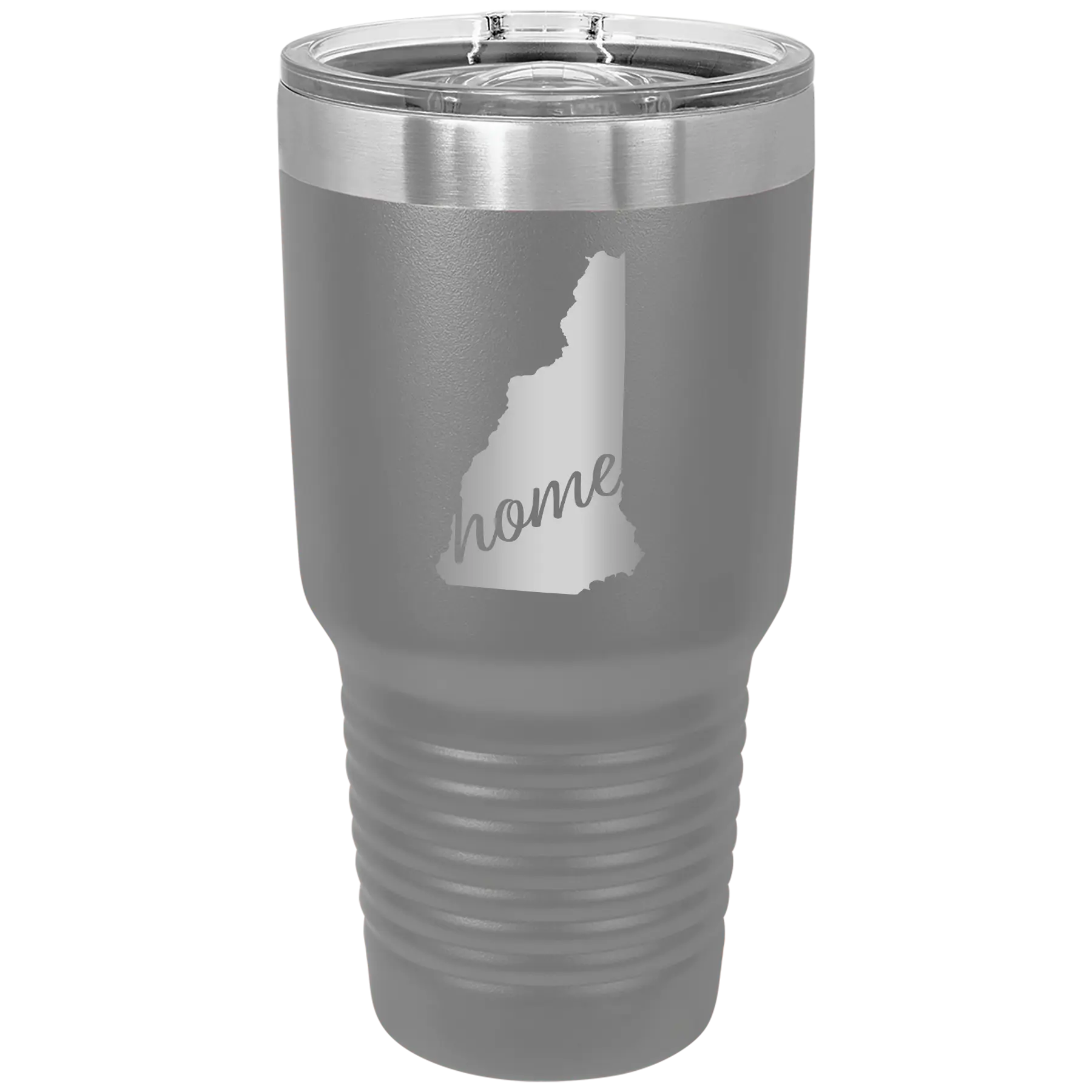Laser etched dark gray 30 oz vacuum insulated tumbler with 'New Hampshire Home' design