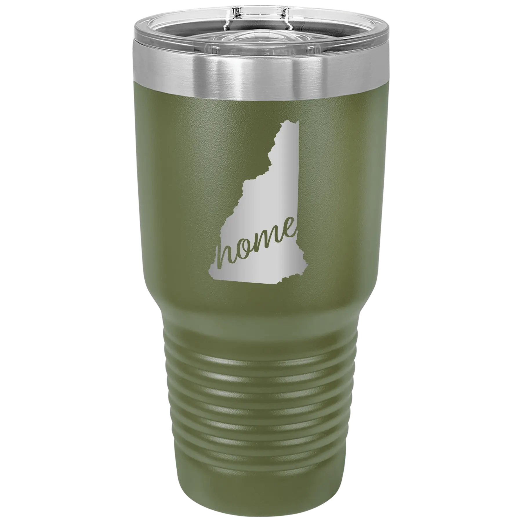 Laser etched olive green 30 oz vacuum insulated tumbler with 'New Hampshire Home' design