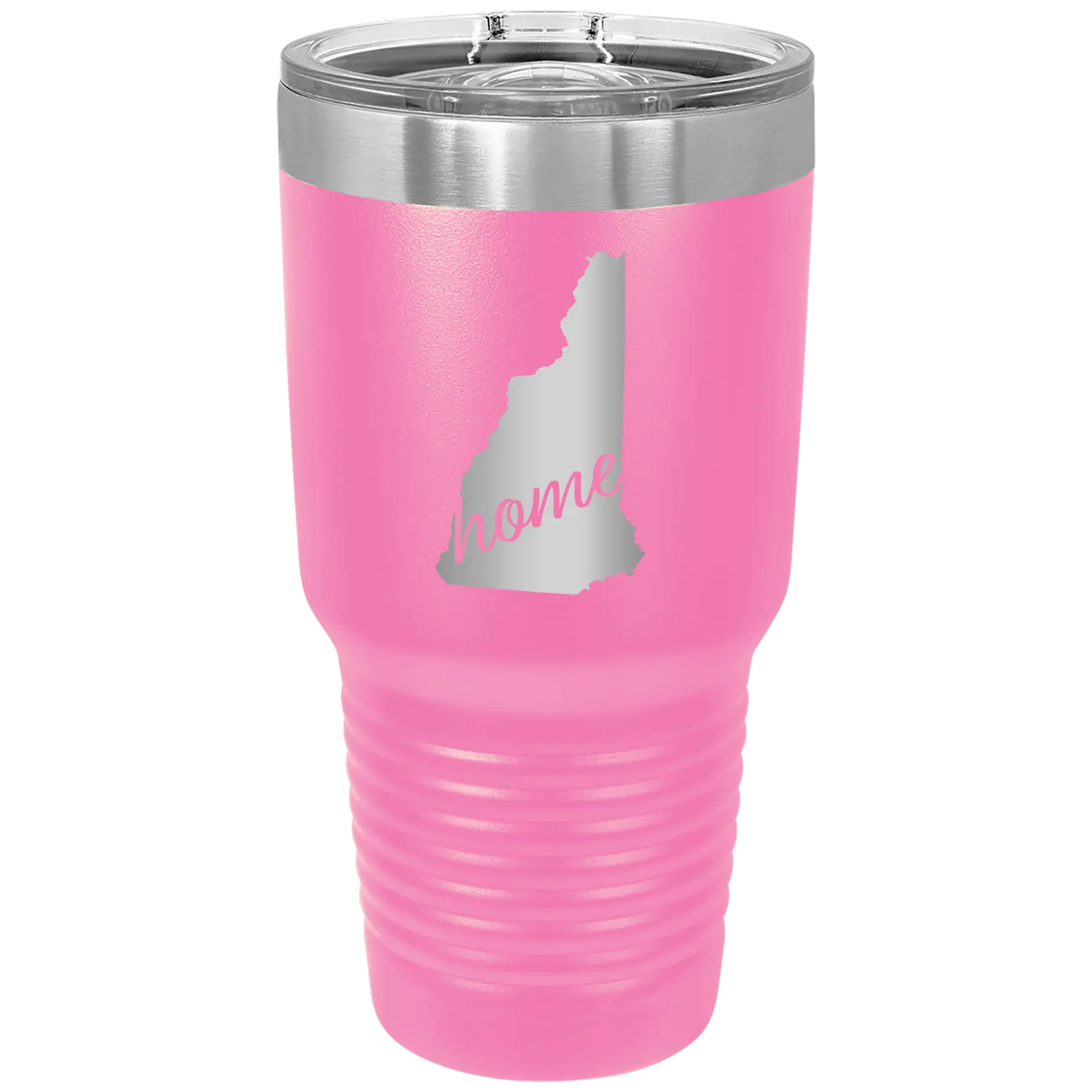 Laser etched pink 30 oz vacuum insulated tumbler with 'New Hampshire Home' design