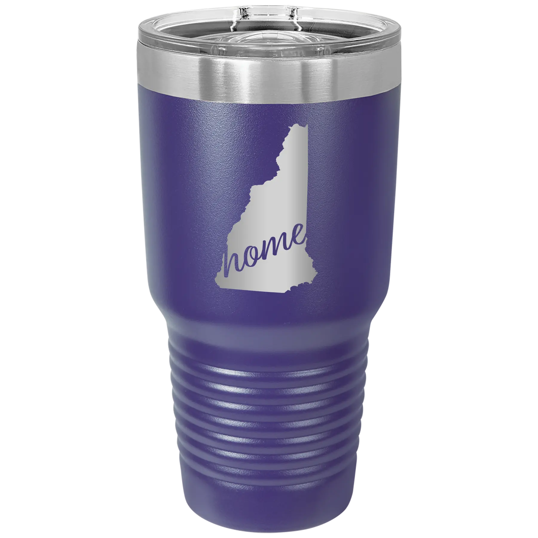 Laser etched purple 30 oz vacuum insulated tumbler with 'New Hampshire Home' design