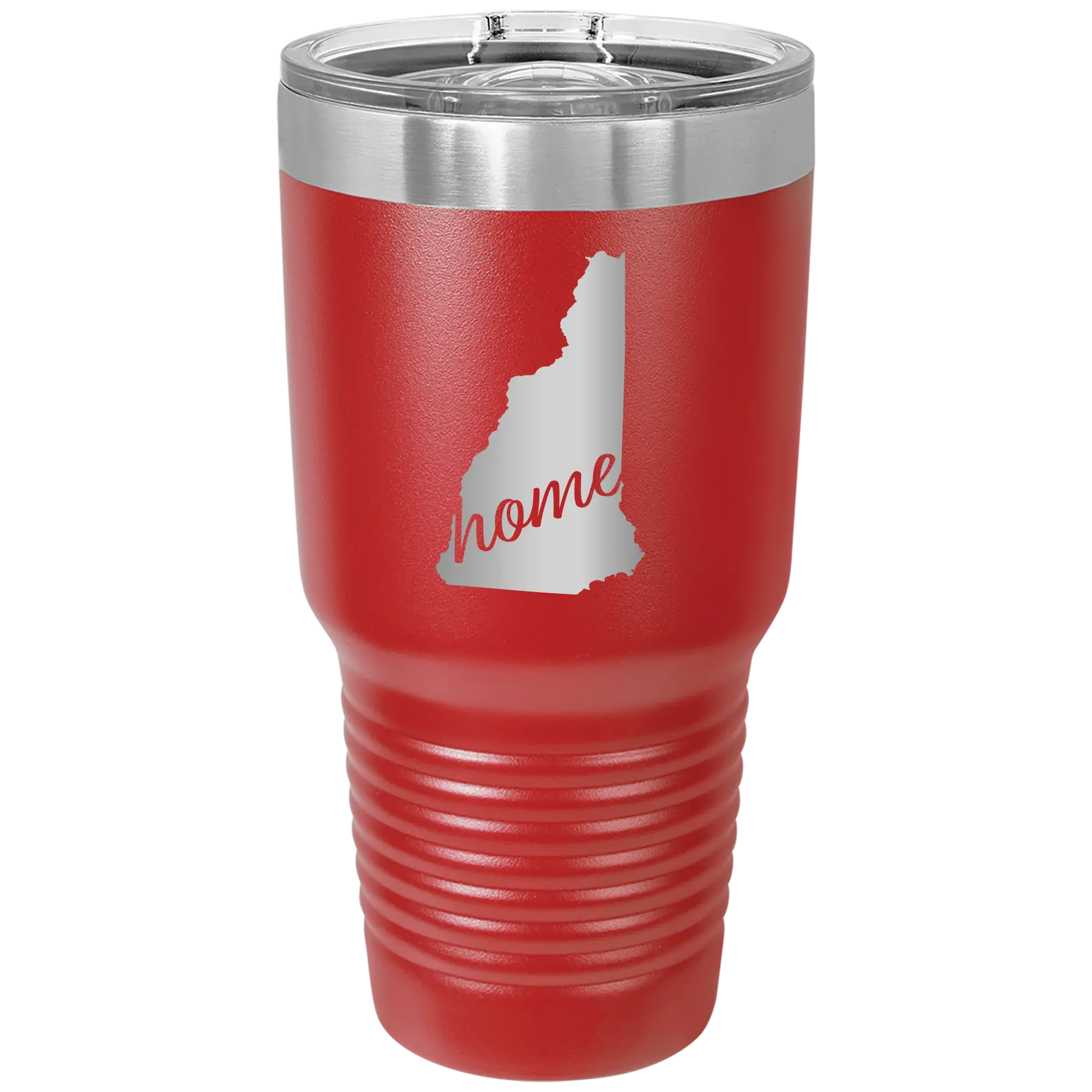 Laser etched red 30 oz vacuum insulated tumbler with 'New Hampshire Home' design