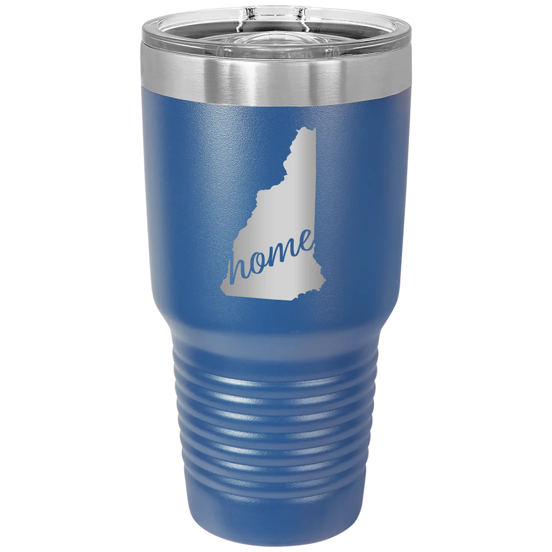 Laser etched royal blue 30 oz vacuum insulated tumbler with 'New Hampshire Home' design